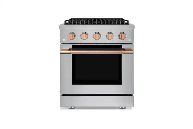 Front. Hauslane - HausPro 30 in. 4 Burners (20,000 BTU) Freestanding Dual Fuel Range - Rose Gold.