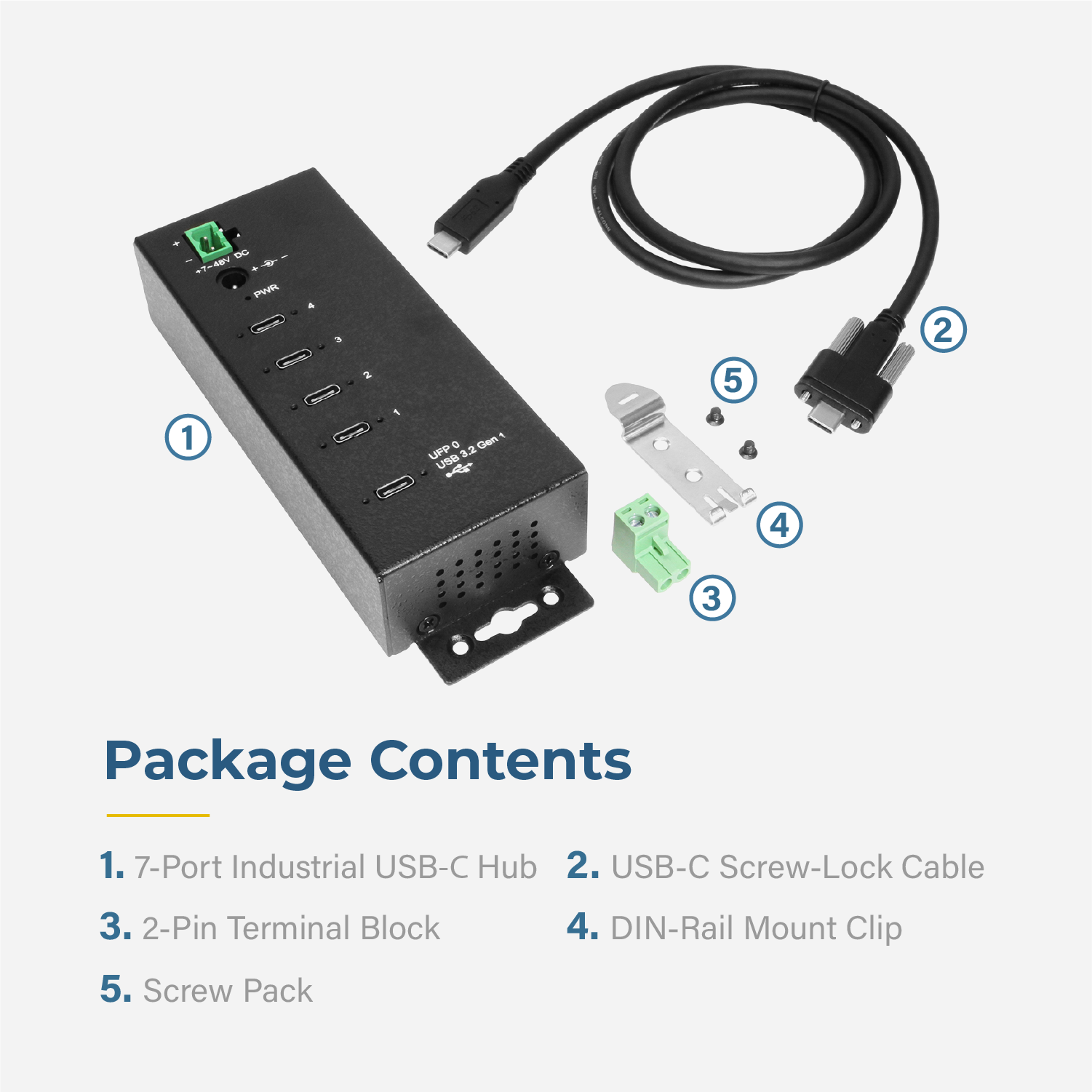 DC +7 Poce . 3  5 2 1 1 0  Gen UPP USe  4 3 Package Contents 1. 7-Port Industrial USB-C Hub 2. USB-C Screw-Lock Cable 3. 2-Pin Terminal Block 4. DIN-Rail Mount Clip 5. Screw Pack