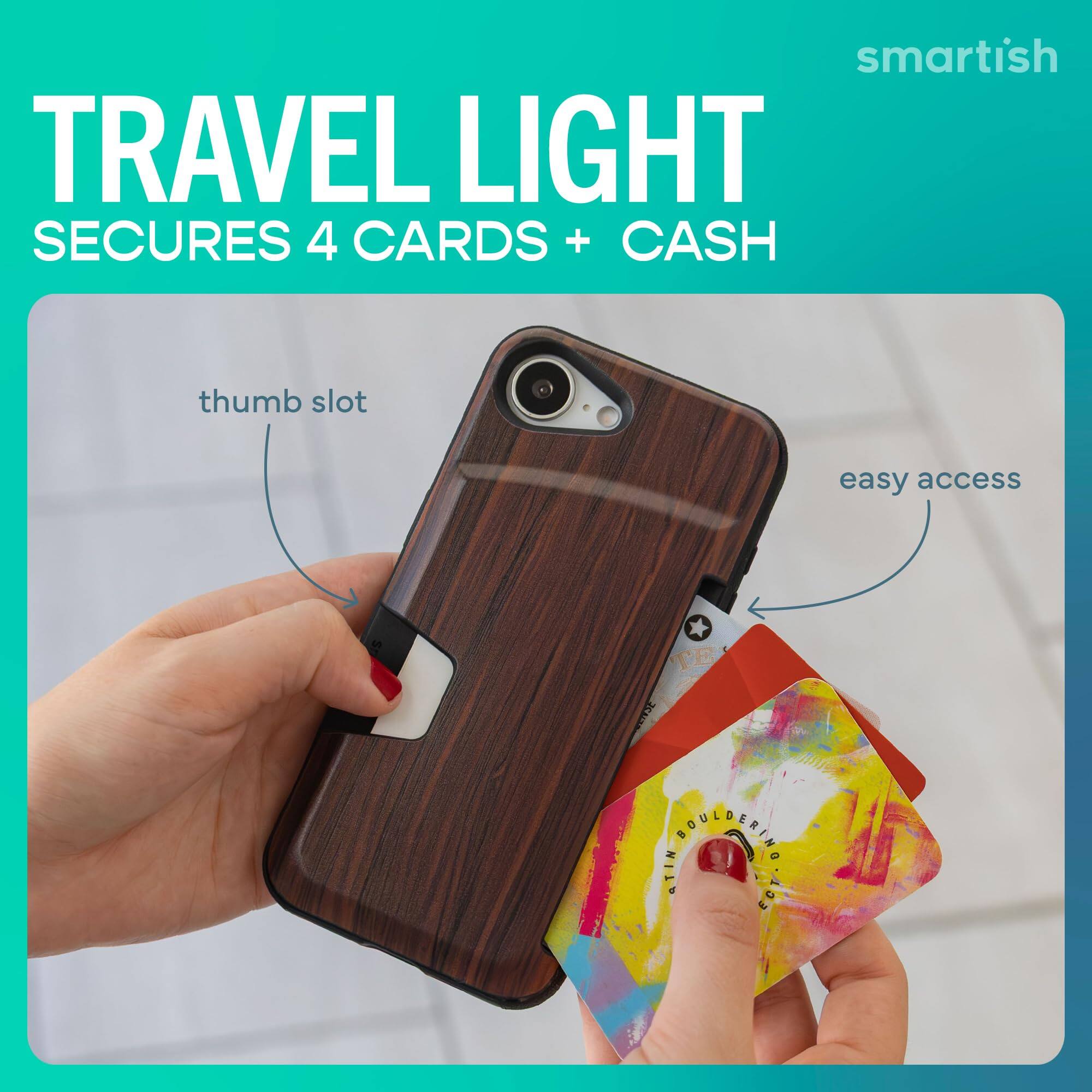 smartish TRAVEL LIGHT SECURES 4 CARDS + CASH  
thumb slot  
easy access