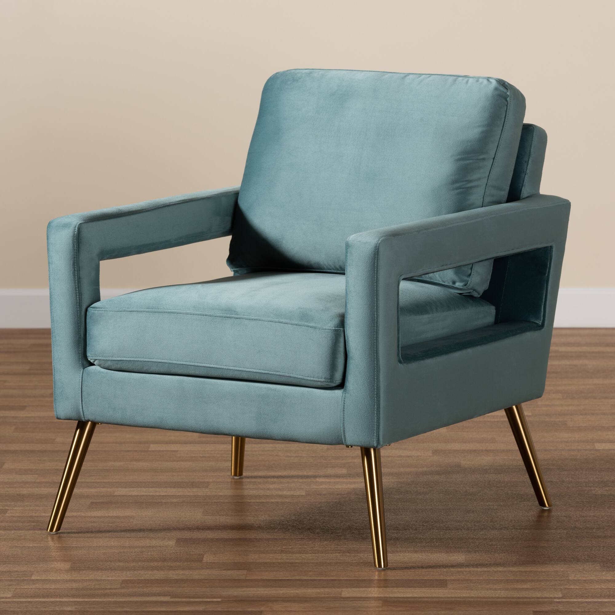 Alt View 4. Baxton Studio - Leland Glam and Luxe Velvet Fabric Upholstered and Gold Finished Armchair - Light Blue/Gold.