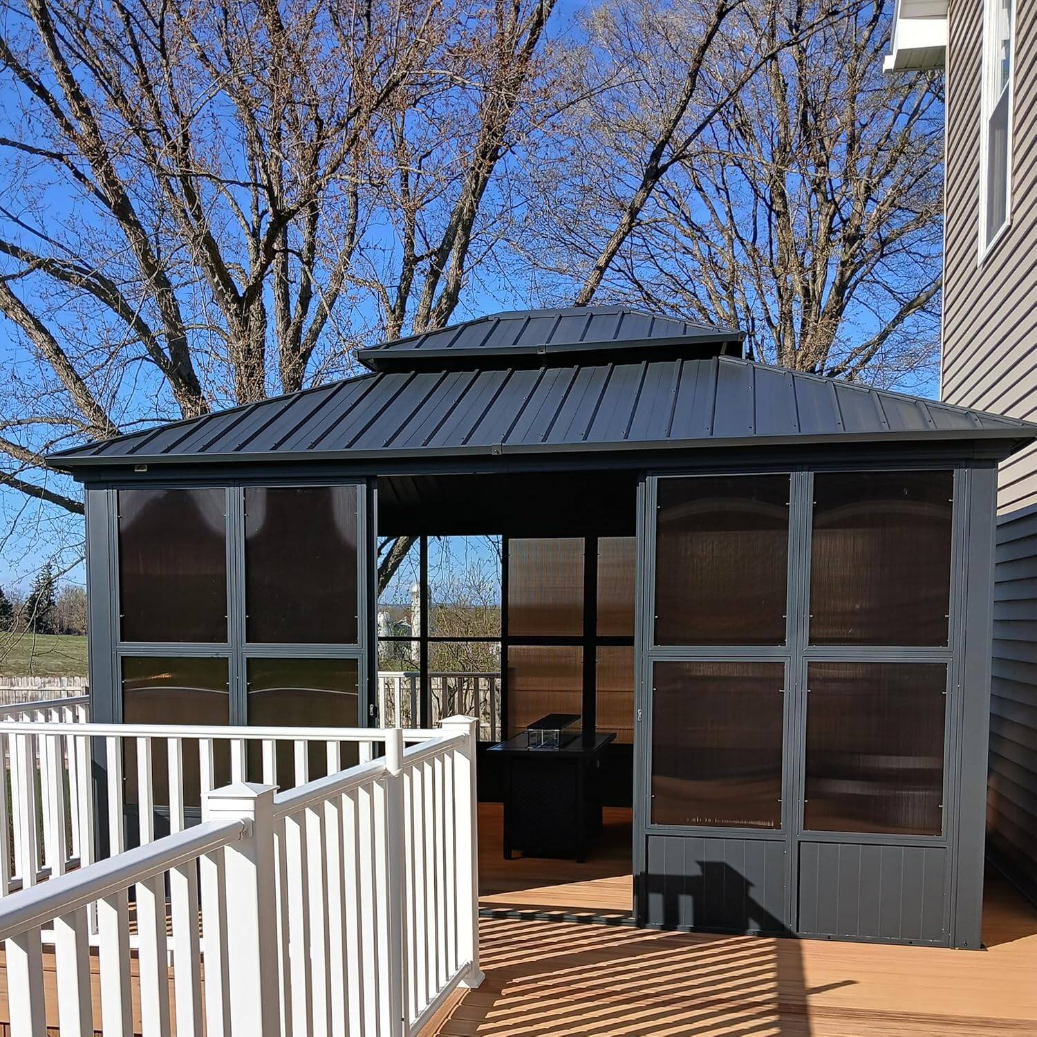 Angle. PURPLE LEAF - Sunroom Outdoor Hardtop Gazebo Gray Aluminum Frame Galvanized Steel Double Roof All-Weather Screen House - 12' X 14'.