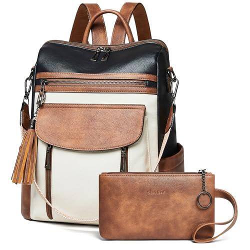 Front. Live At Space - Backpack Purse For Women Fashion Leather Designer Travel Convertible Shoulder Bag With Wristlet - 2-9 Black With Brown and White.