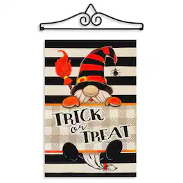 G128 - Combo Garden Flag Hanger 14 in with 12 x 18 in Double-Sided Halloween Trick Treat Gnome Flag - Black, Orange, White, Red