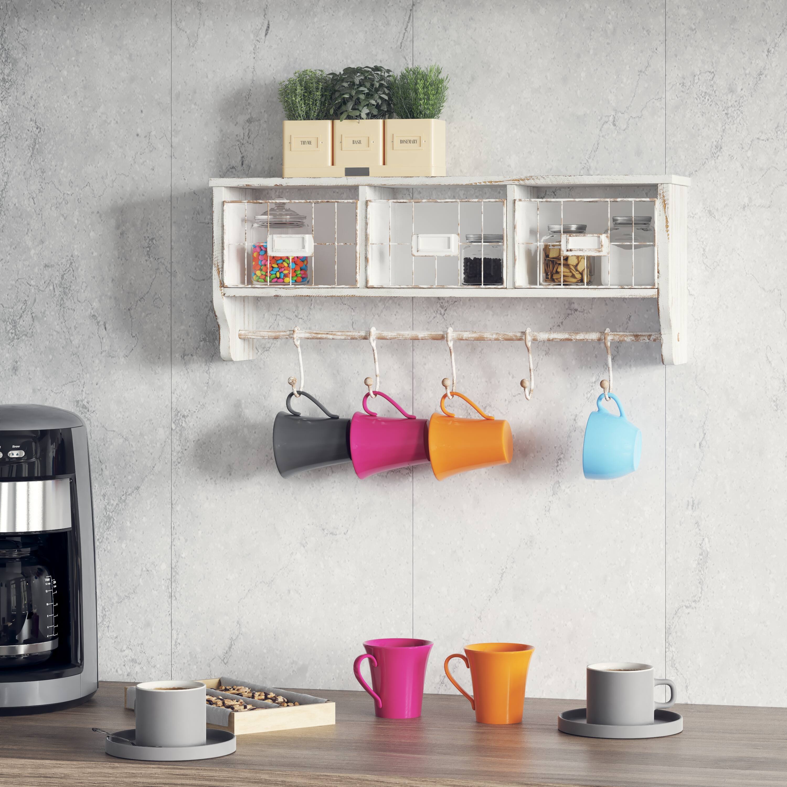 Alt View 4. Emma + Oliver - Mulhall Rustic Country Wall Mounted Shelf with 5 Adjustable Sliding Hooks and Three Wire Storage Baskets - White Wash.
