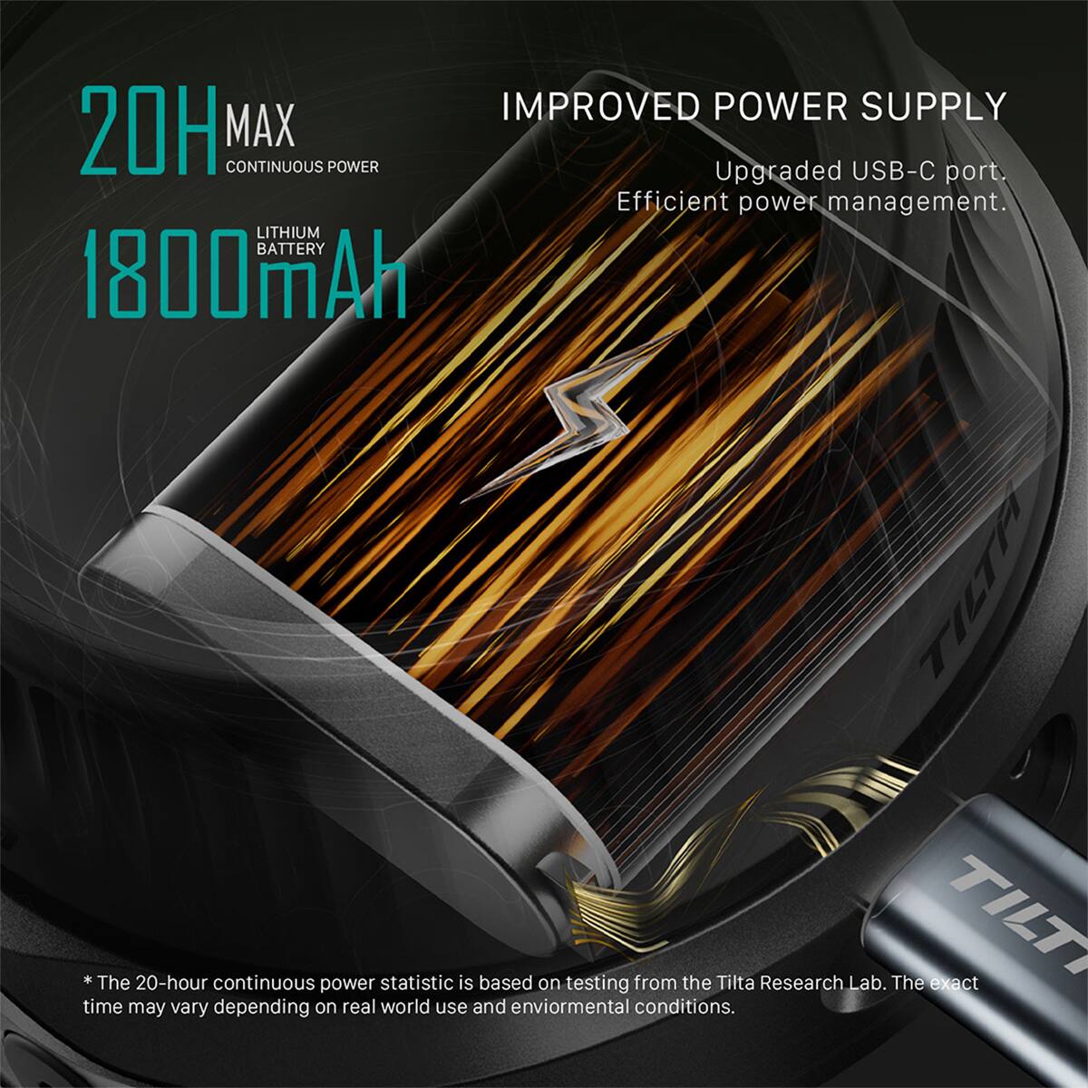 IMPROVED POWER SUPPLY  
20H MAX CONTINUOUS POWER  
Upgraded USB-C port.  
Efficient power management.  

LITHIUM BATTERY 1800mAh  

* The 20-hour continuous power statistic is based on testing from the Tilta Research Lab. The exact TILT time may vary depending on real-world use and environmental conditions.