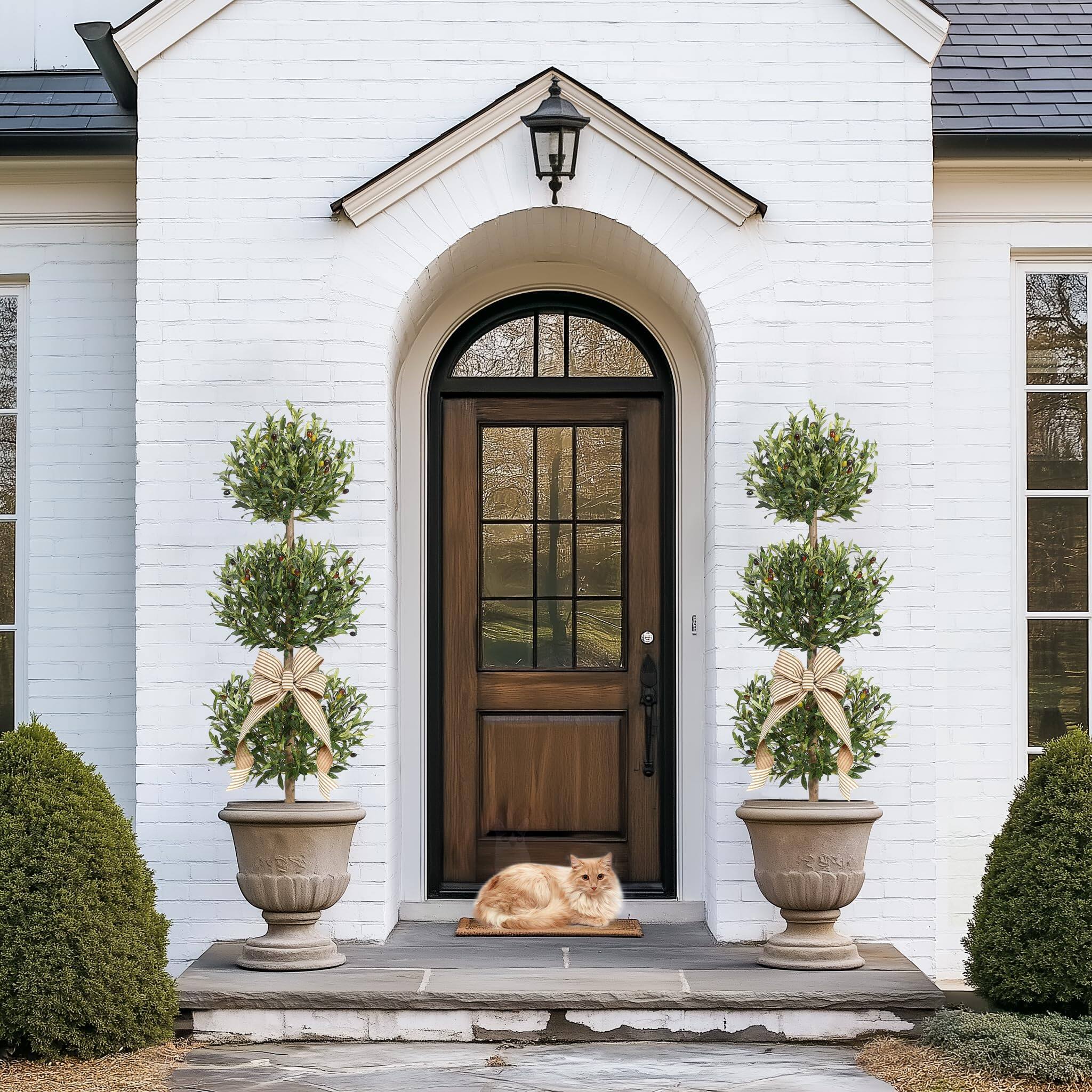 Back. Homhougo - 2Pcs 5FT Artificial Olive Triple Ball Topiary Trees with Moss & Inner Pot - Green.