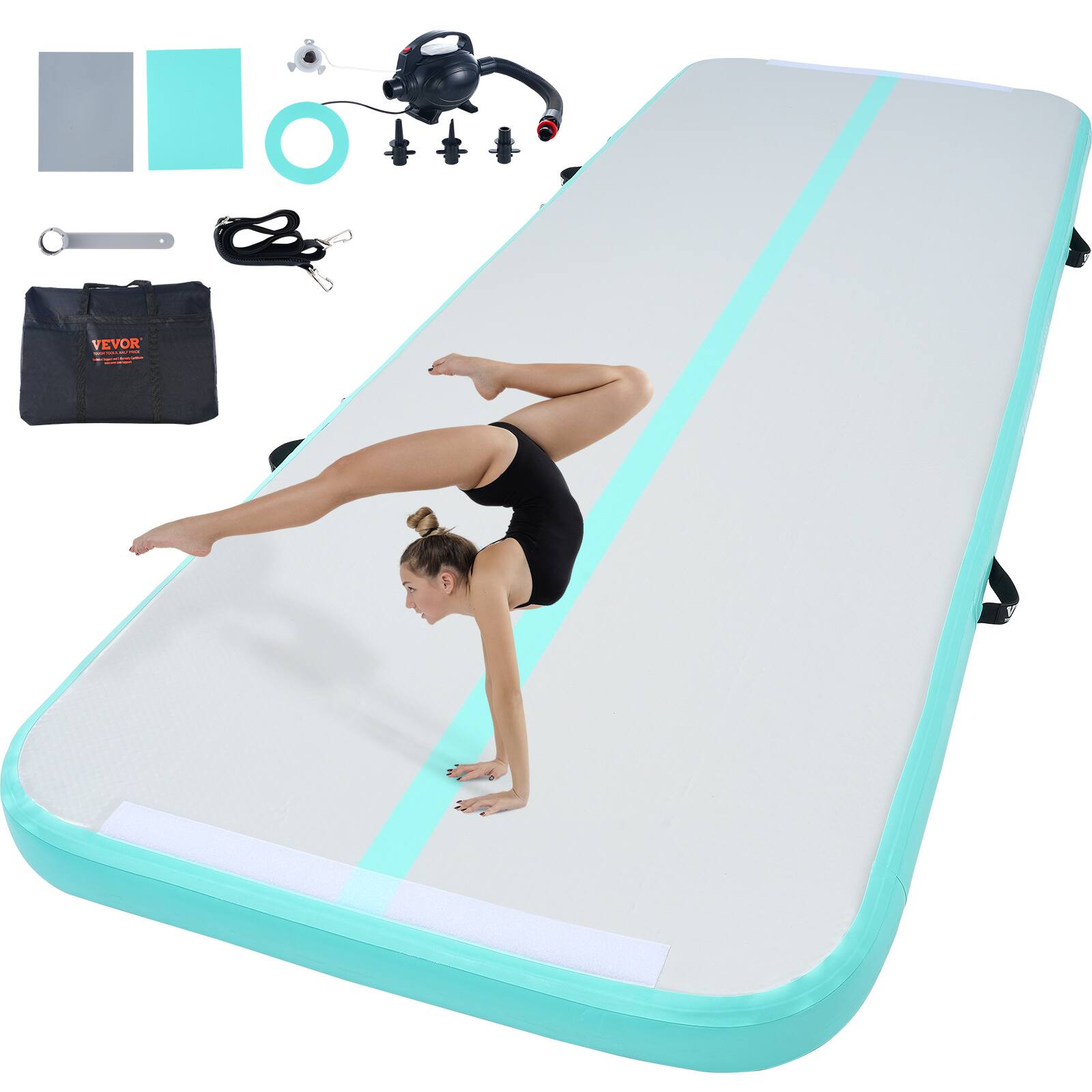 Front. VEVOR - Gymnastics Air Mat, 4 inch Thickness Inflatable Gymnastics Tumbling Mat, Tumble Track with Electric Pump - Mint.