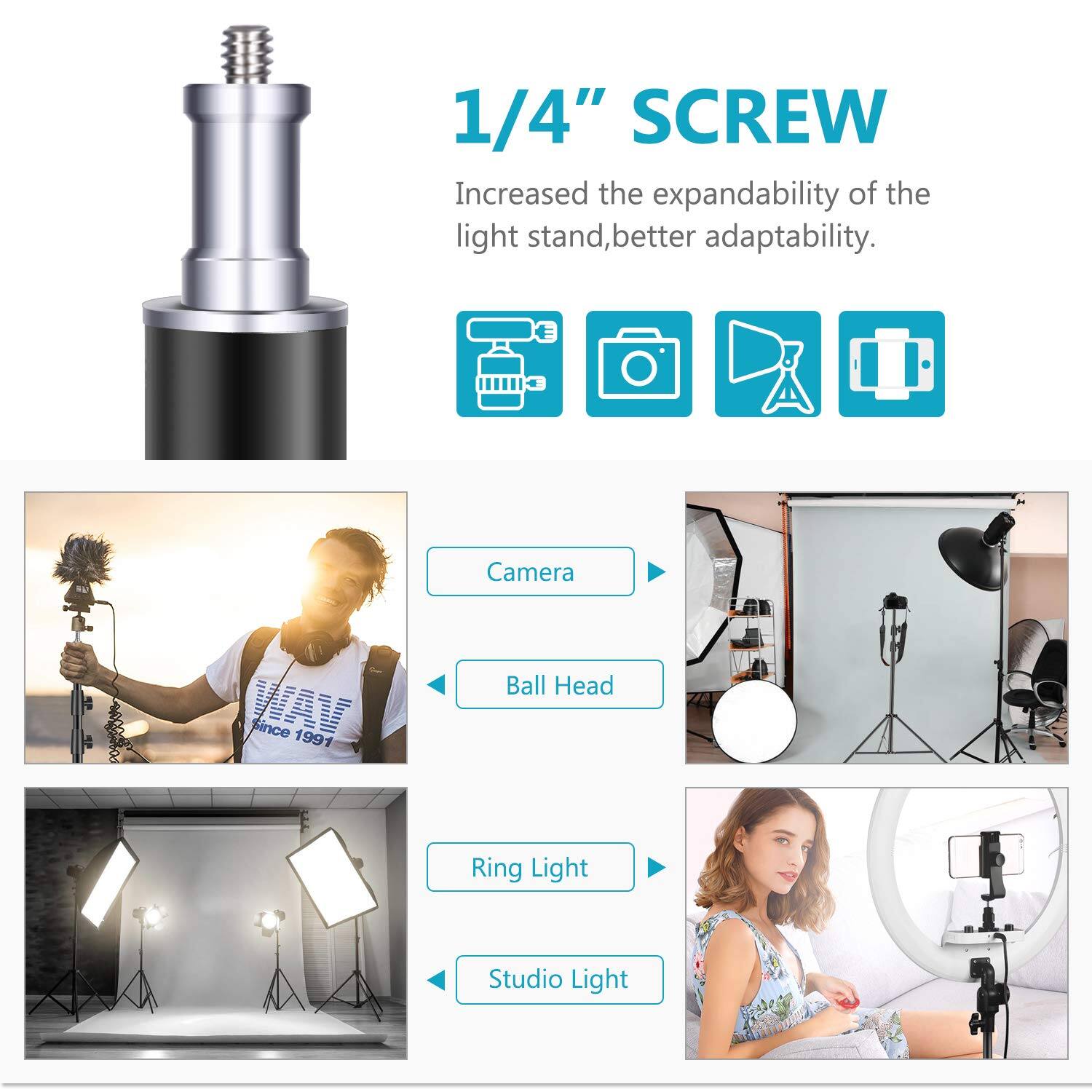 1/4" SCREW  
Increased the expandability of the light stand, better adaptability.  

Camera  
Ball Head  
Ring Light  
Studio Light  

Since 1991