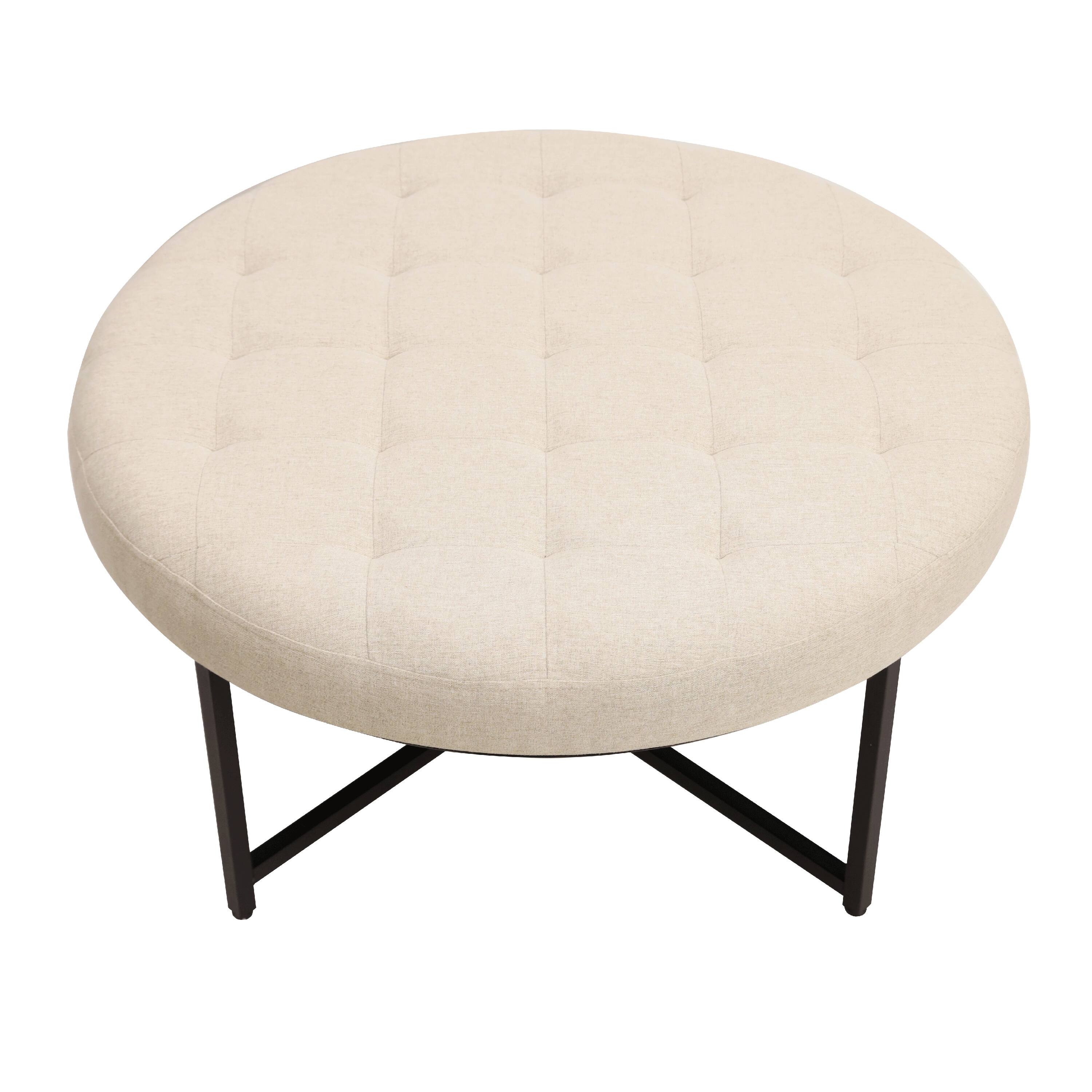 Alt View 5. Emma + Oliver - Aranda 34 in. Cotton Linen Round Ottoman with Tufted Design and Sturdy Iron Frame - Beige.