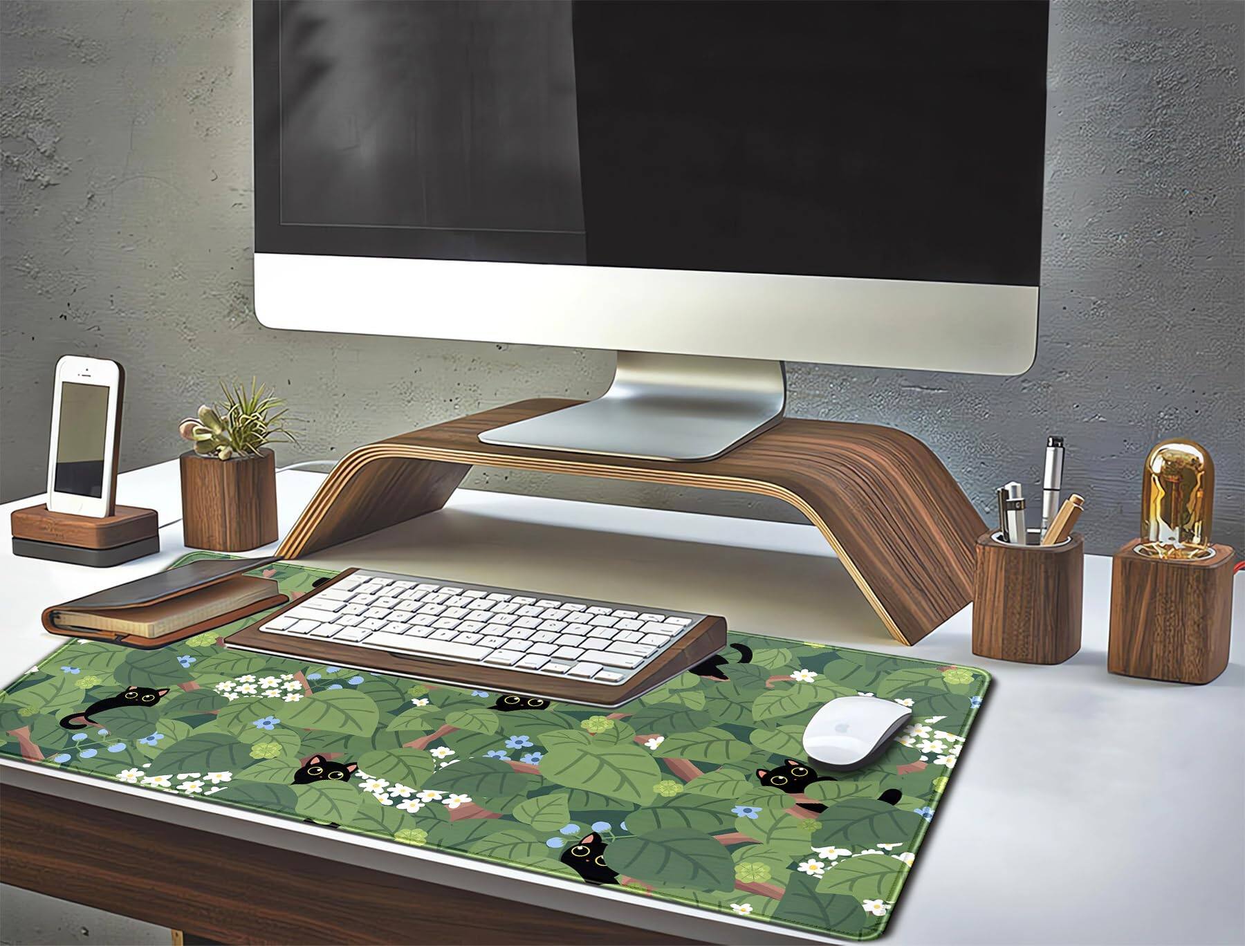 Alt View 3. Fabibe - Anime Aesthetic Black Cat Forest Plant Desk Mat  Green Sage Xxl Large Extended Mouse Pad Gaming Cute Cats Laptop And ... - Green Plant Lovers.