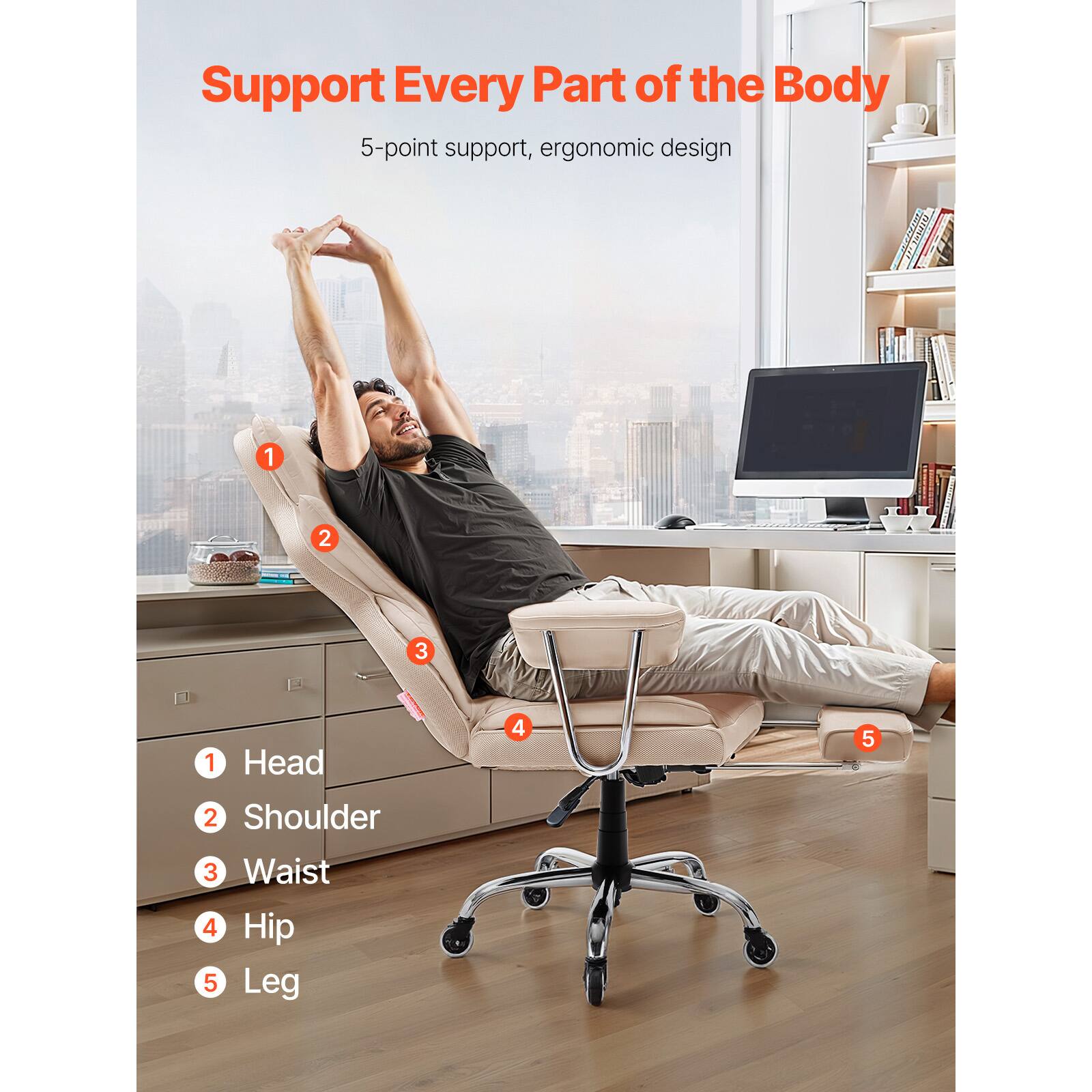 Support Every Part of the Body  
5-point support, ergonomic design  

1. Head  
2. Shoulder  
3. Waist  
4. Hip  
5. Leg