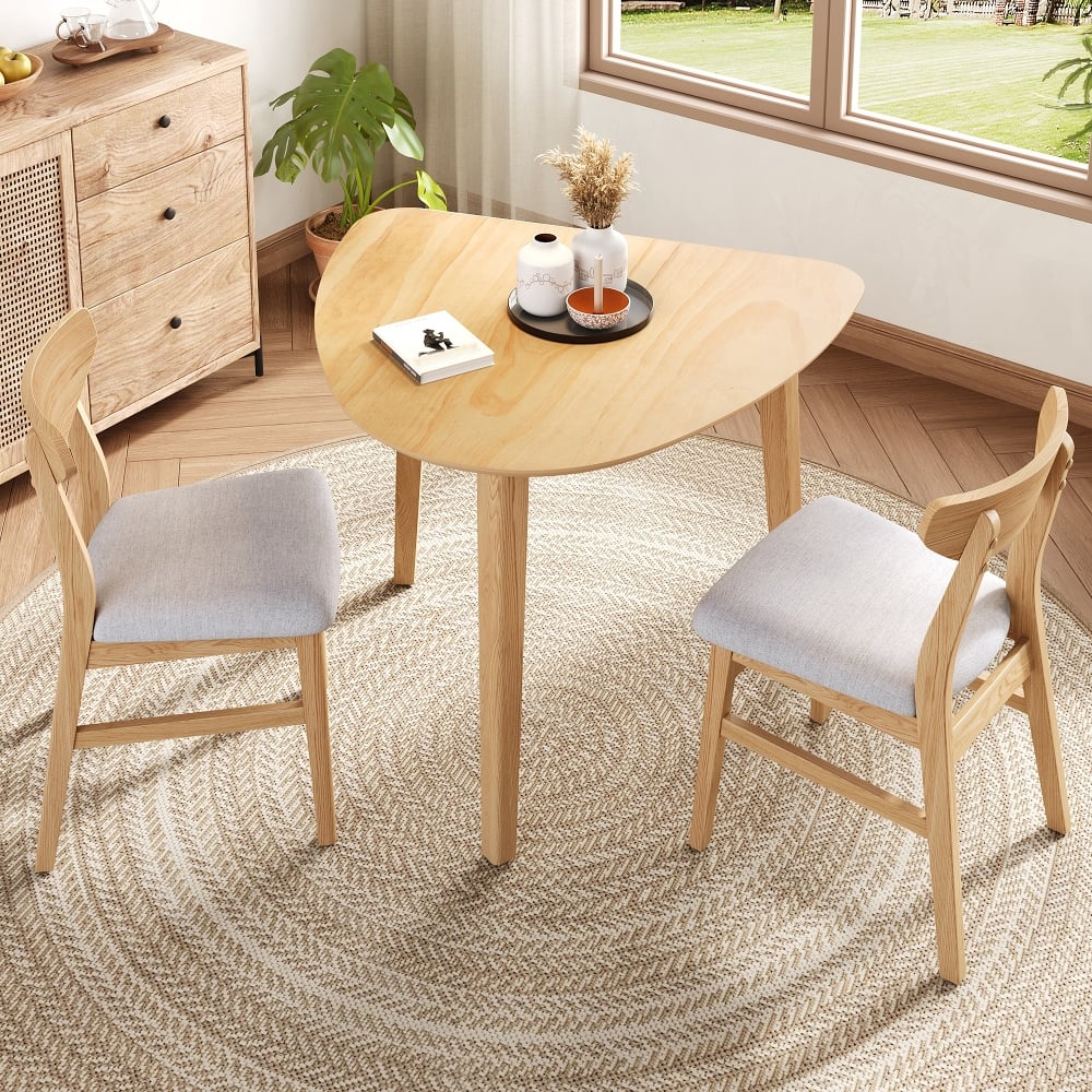 Loheer - 3-Piece Table Set Triangular Side Table & Curved Wood Chairs Minimalist Dining Set for Small Space Finish - Natural