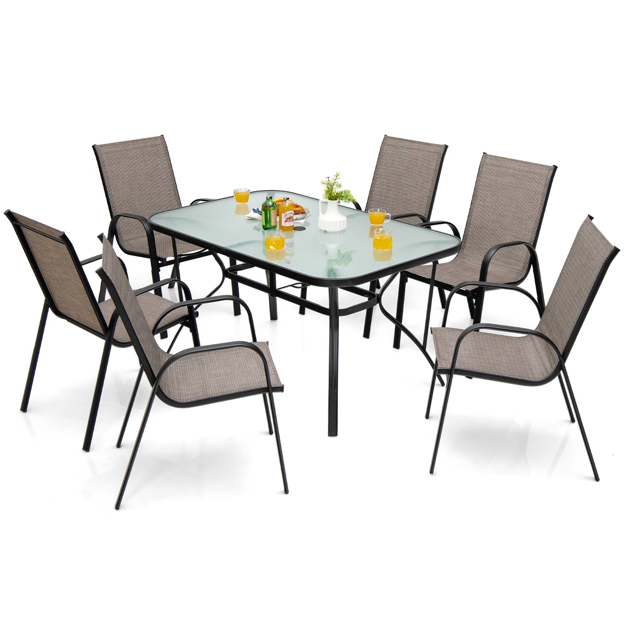 Costway - 7PCS Patio Dining Set 6 Stackable Chairs Glass Table Umbrella Hole Yard - Brown,Black price history on PriceWatchPro