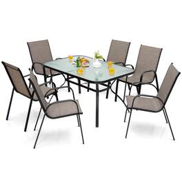 Costway - 7PCS Patio Dining Set 6 Stackable Chairs Glass Table Umbrella Hole Yard - Brown,Black