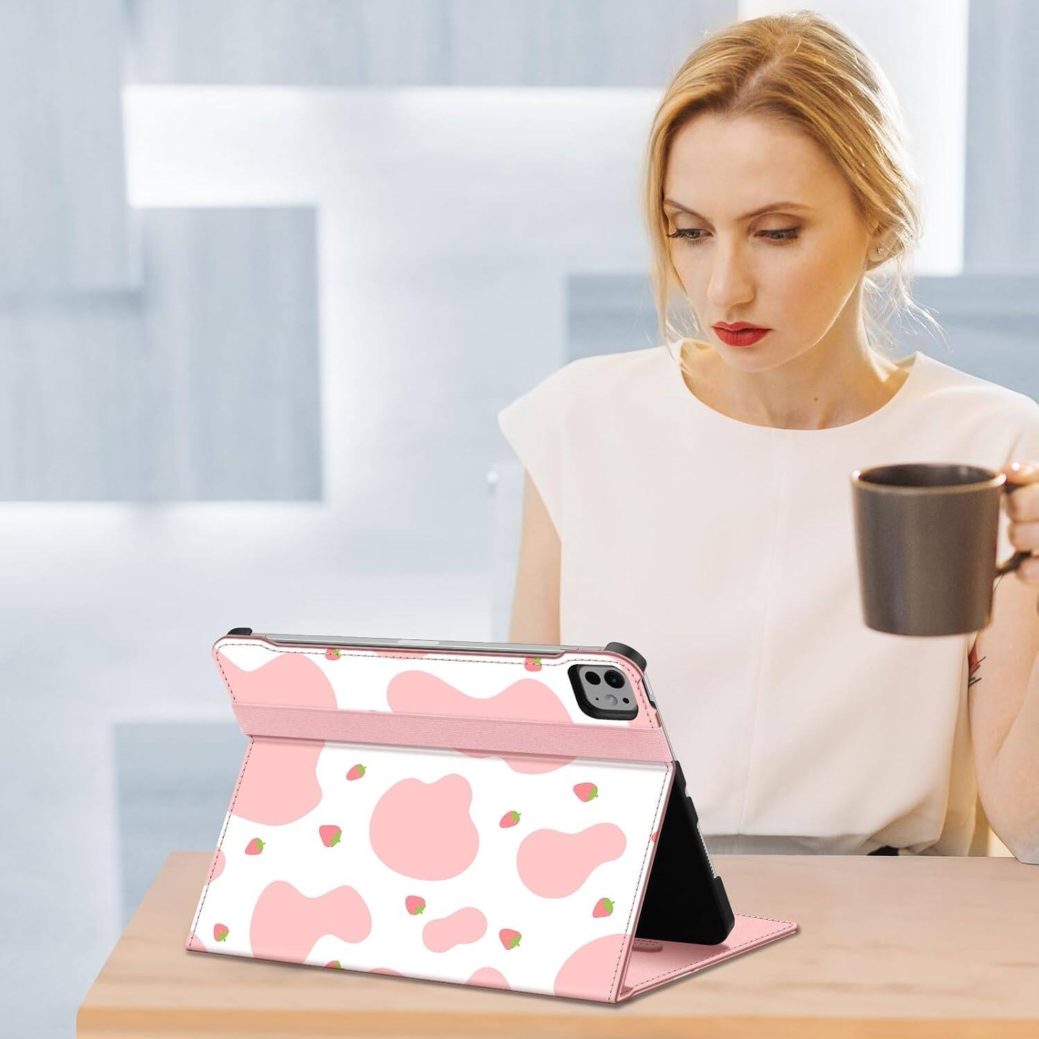 Left. Fintie - Case for iPad Pro 11-inch (M5) 2025 / (M4) 2024 Multi-Angle Viewing Folio Stand Protective Cover with Pocket - Strawberry Cow.