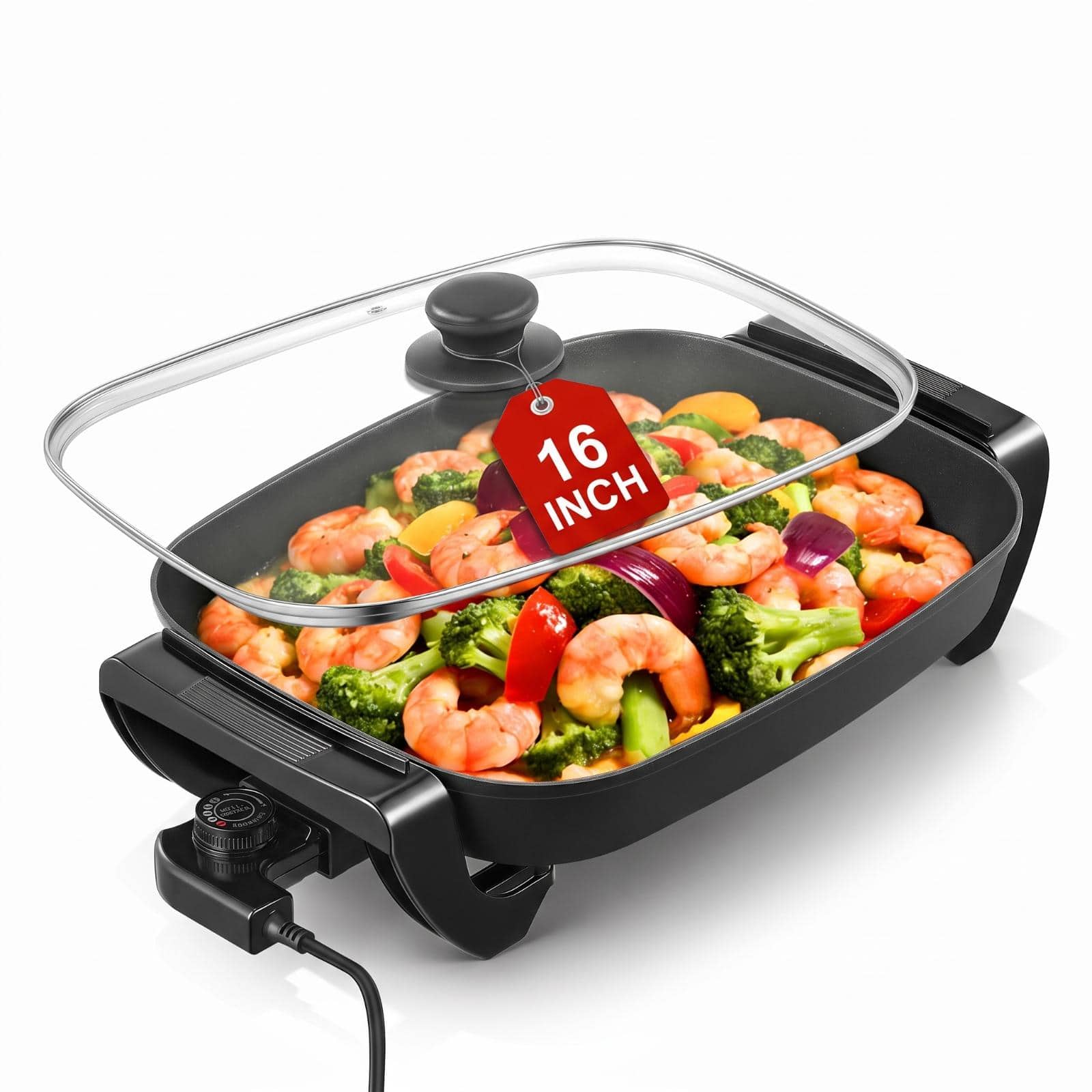 FOHERE - 16" Non-Stick Electric Skillet with Temperature Control, Glass Lid, Rapid Heat up, 1500W - Black
