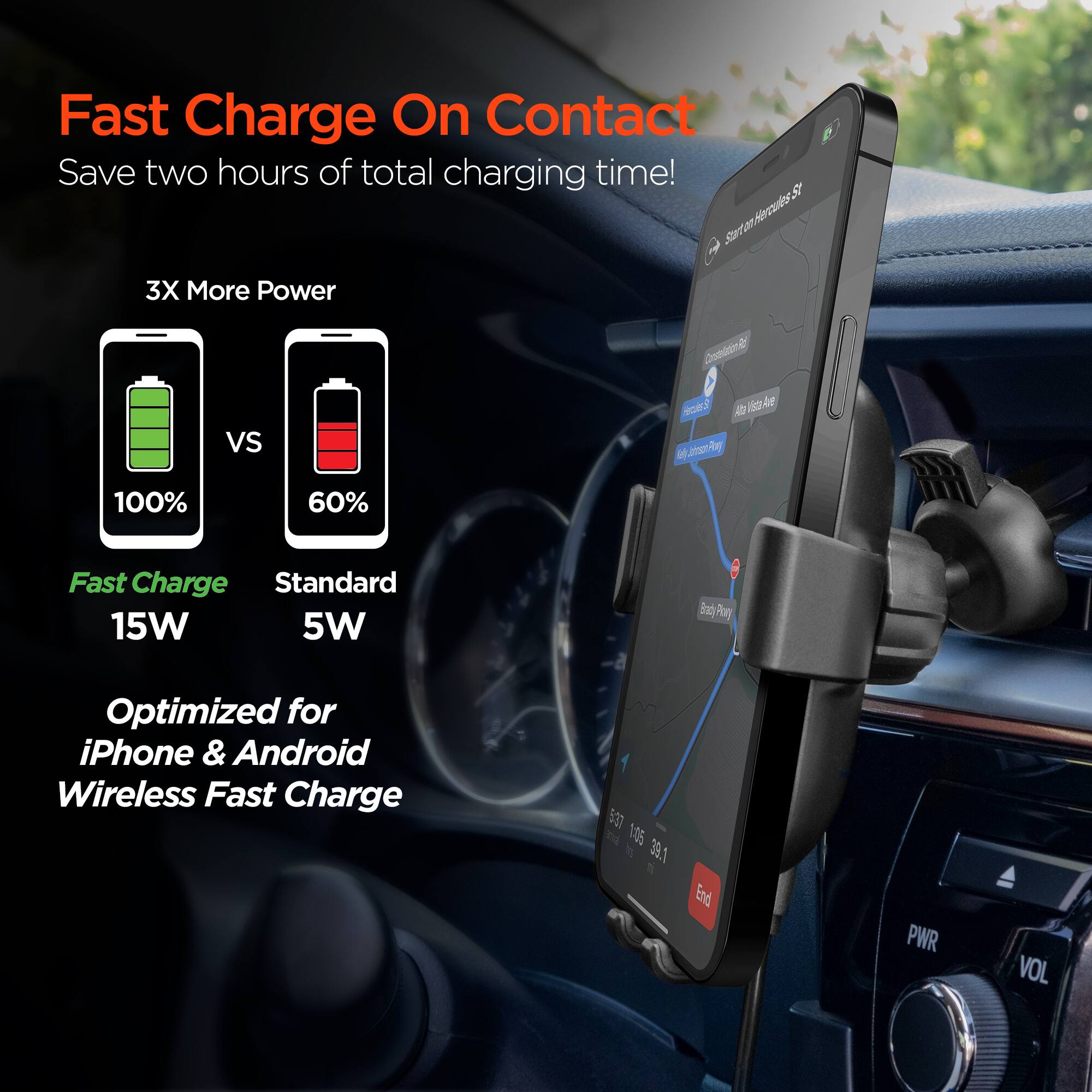 Fast Charge On Contact  
Save two hours of total charging time!  

3X More Power  
100% vs 60%  

Fast Charge  
15W  

Standard  
5W  

Optimized for iPhone & Android Wireless Fast Charge