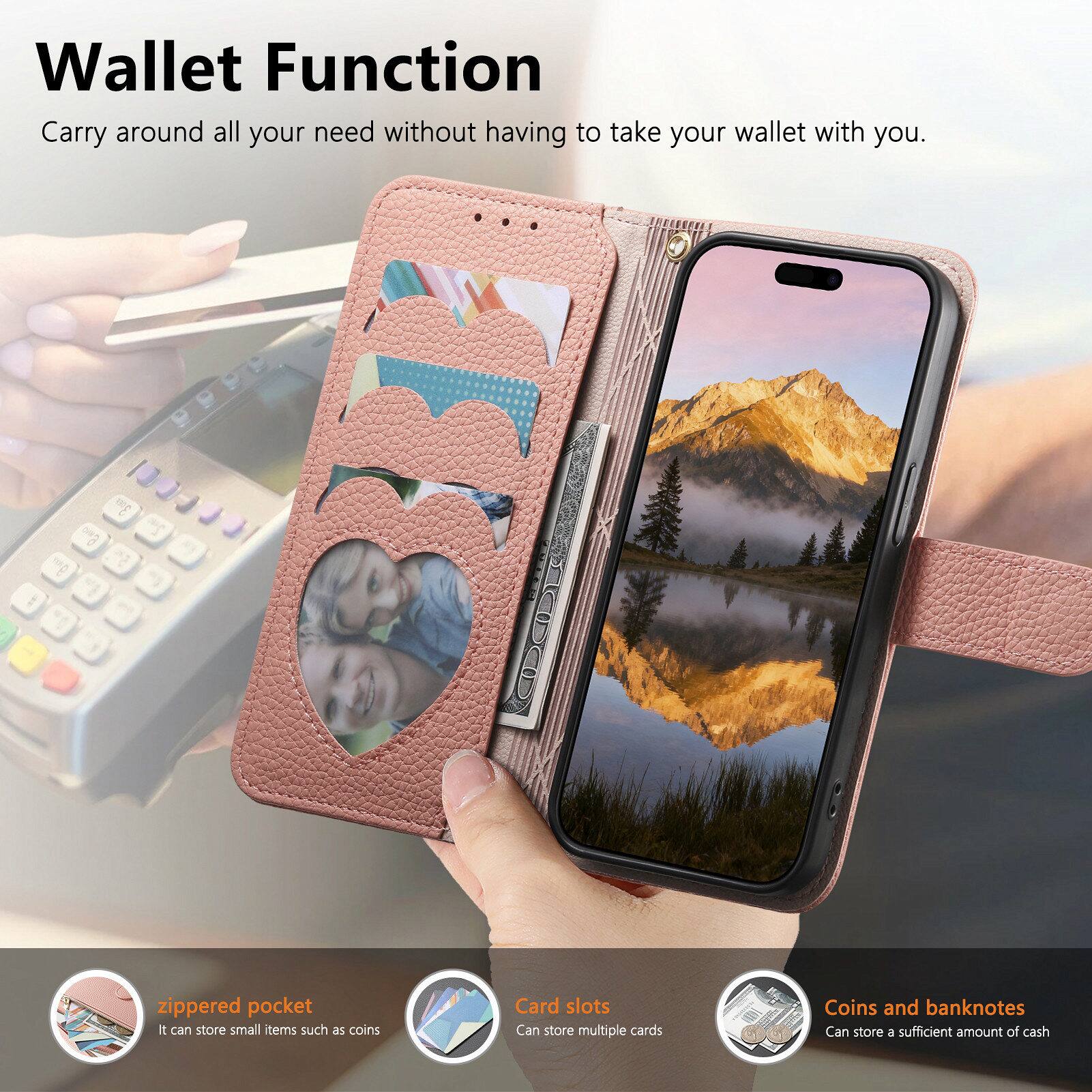 Wallet Function  
Carry around all your need without having to take your wallet with you.  

1. Zippered pocket: It can store small items such as coins  
2. Card slots: Can store multiple cards  
3. Coins and banknotes: Can store a sufficient amount of cash