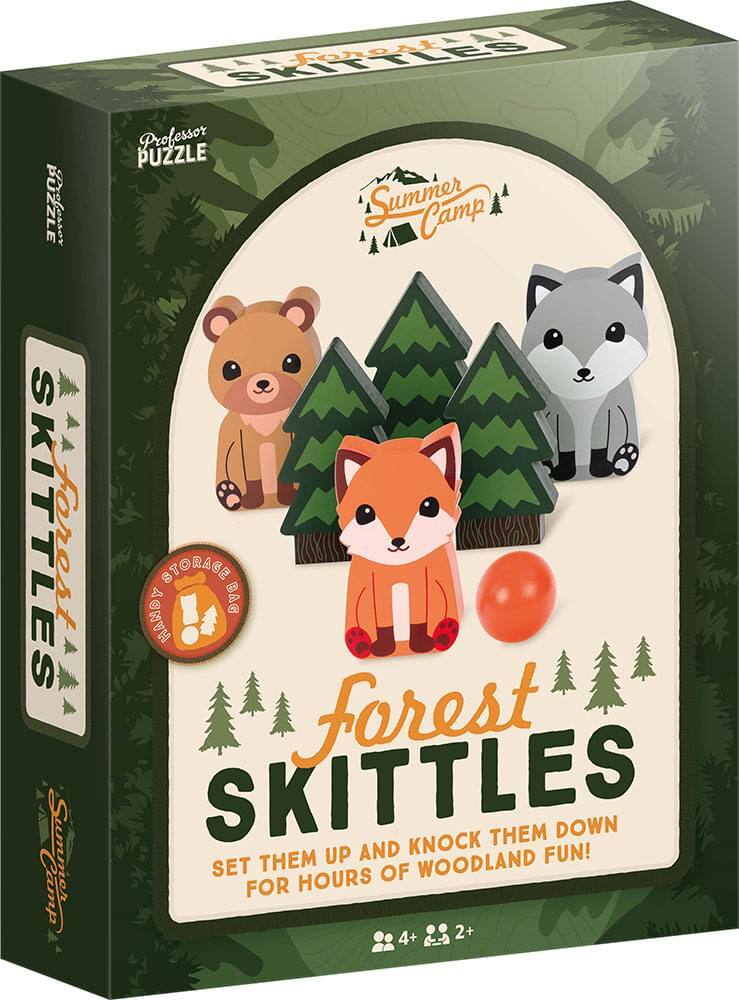 Professor Puzzle Summer Camp  
Forest Skittles  
Set them up and knock them down for hours of woodland fun!  
Handy storage bag included  
For ages 2+  
4+ players