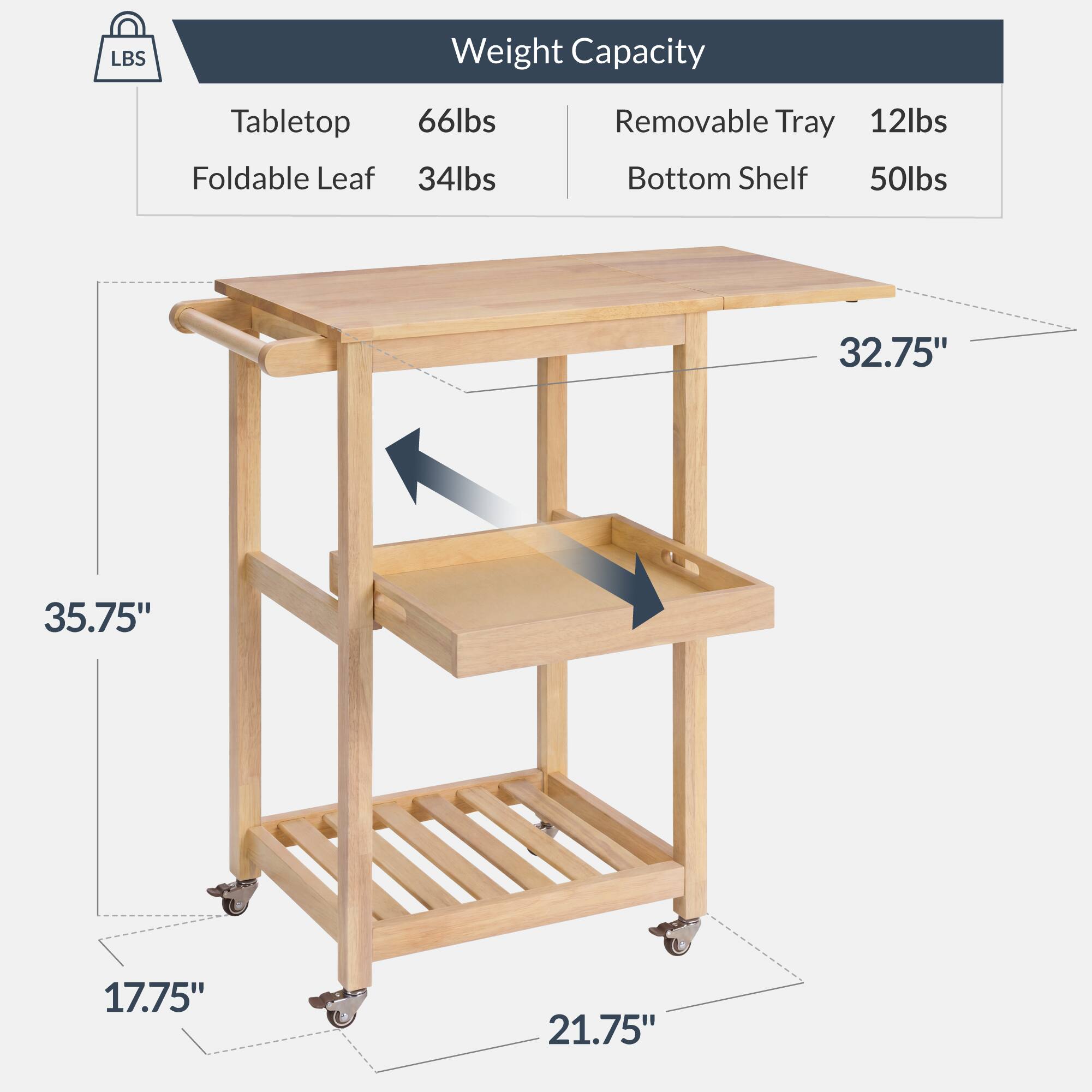 LBS Weight Capacity Tabletop Foldable Leaf 66lbs 34lbs Removable Tray 12lbs Bottom Shelf 50lbs 32.75" 35.75" 17.75" 21.75"