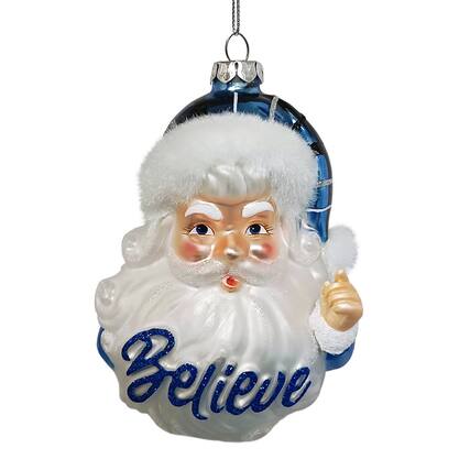 Front. OrnamentallyYou - Vintage Blue Santa Believe Glass Christmas Ornament - Multi-colored.