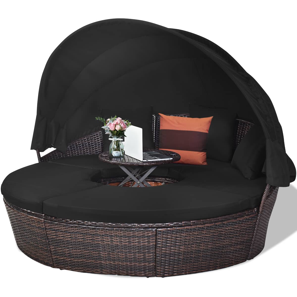 Costway - Patio Rattan Daybed Cushioned Sofa Adjustable Table Top Canopy - Black