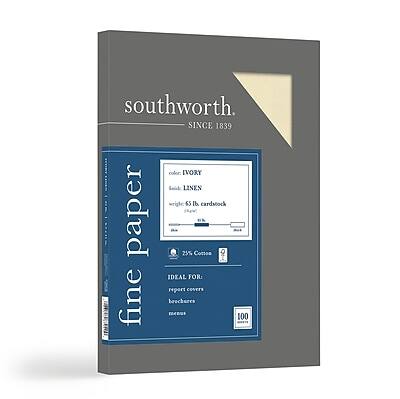 southworth  
SINCE 1839  

fine paper  

color: IVORY  
finish: LINEN  
weight: 65 lb. cardstock  

25% Cotton  

IDEAL FOR:  
report covers  
brochures  
menus  

100