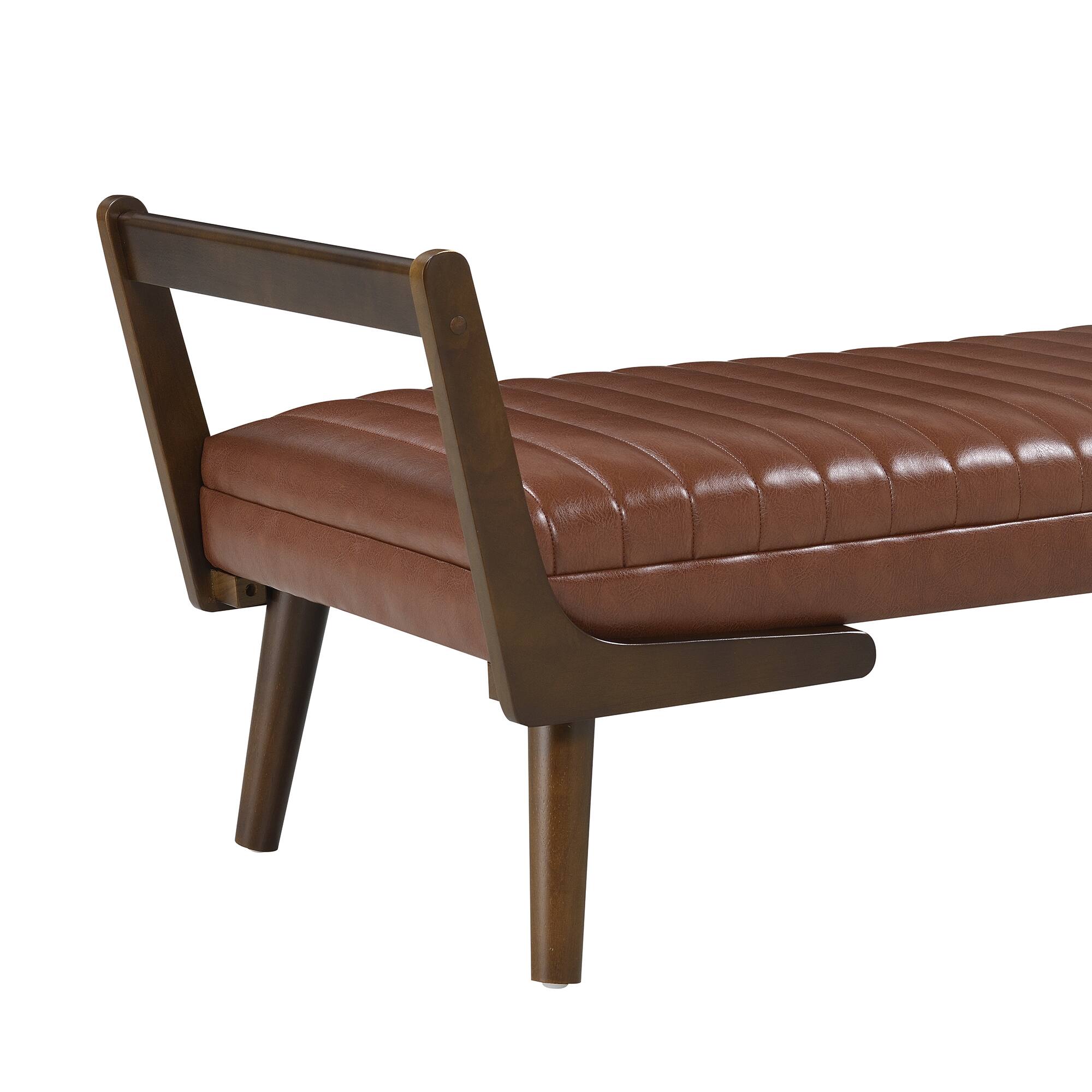 Alt View 1. GOODSILO - Mid-Century Modern Upholstered Bench with Walnut Wood Legs and Channeled Tufted Design for Living Spaces - Cognac.