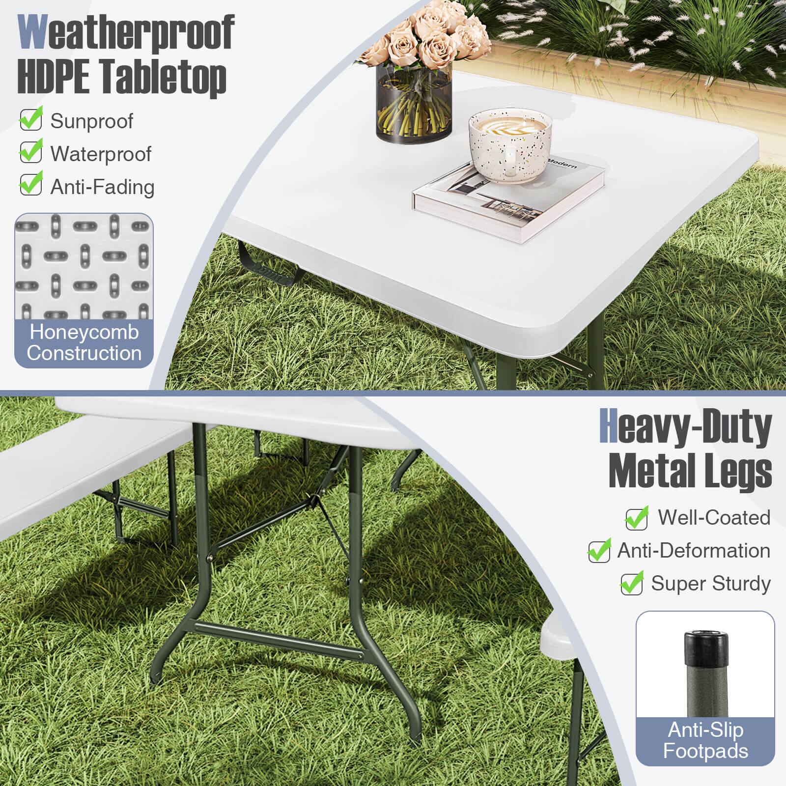 Weatherproof HDPE Tabletop  
- Sunproof  
- Waterproof  
- Anti-Fading  
- Honeycomb Construction  

Heavy-Duty Metal Legs  
- Well-Coated  
- Anti-Deformation  
- Super Sturdy  
- Anti-Slip Footpads