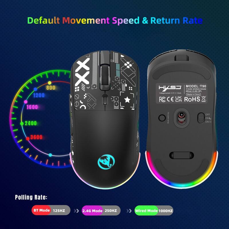 Default Movement Speed & Return Rate  
800 1200 1600 2400 3600  

MODEL: T90  
HKS3 (wireless)  
Made in China  
UK FC CE CA RoHS  

Polling Rate:  
BT Mode 125HZ  
2.4G Mode 250HZ  
Wired Mode 1000HZ