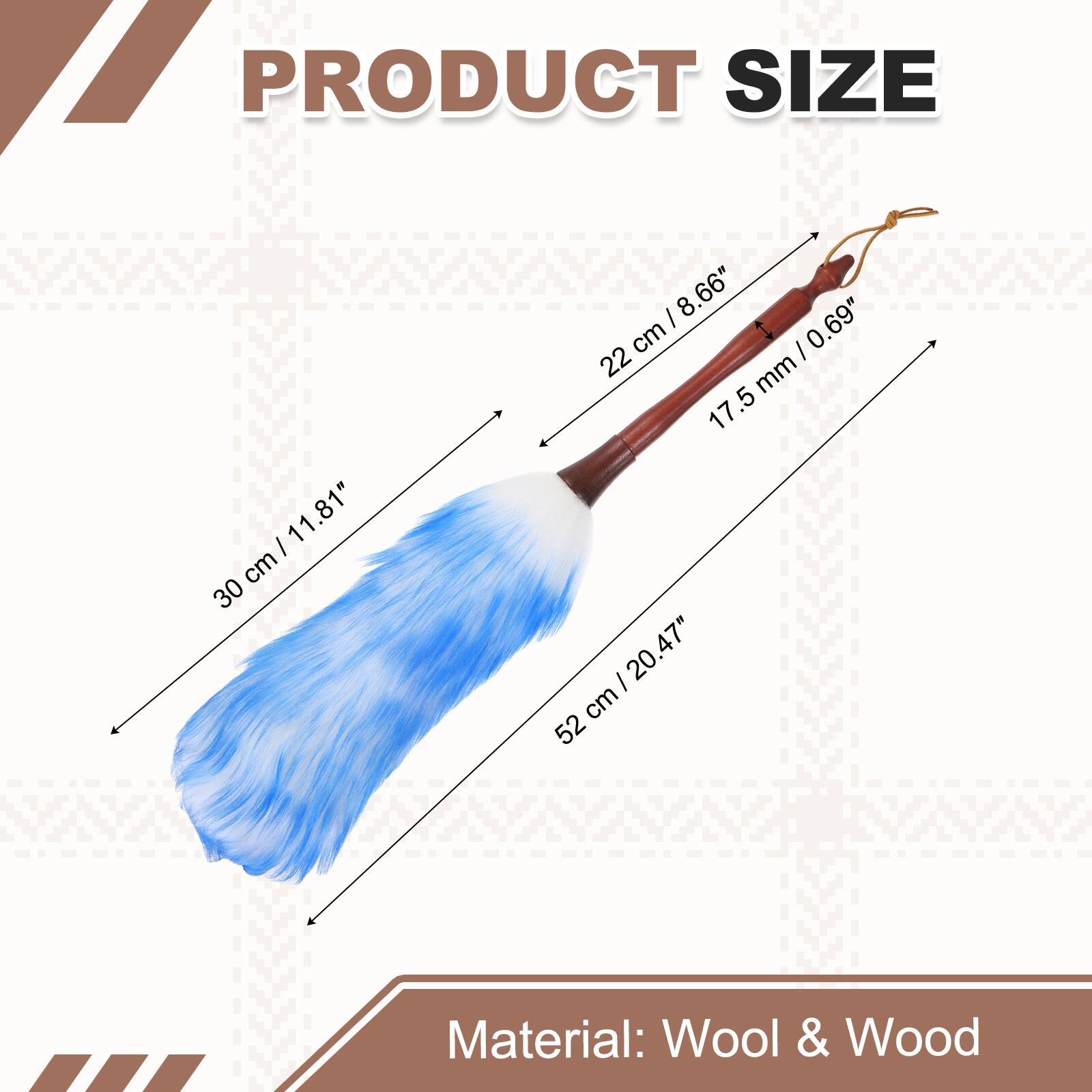 PRODUCT SIZE

- 11.81" / 30 cm
- 8.66" / 22 cm
- 0.69" / 17.5 mm
- 20.47" / 52 cm

Material: Wool & Wood