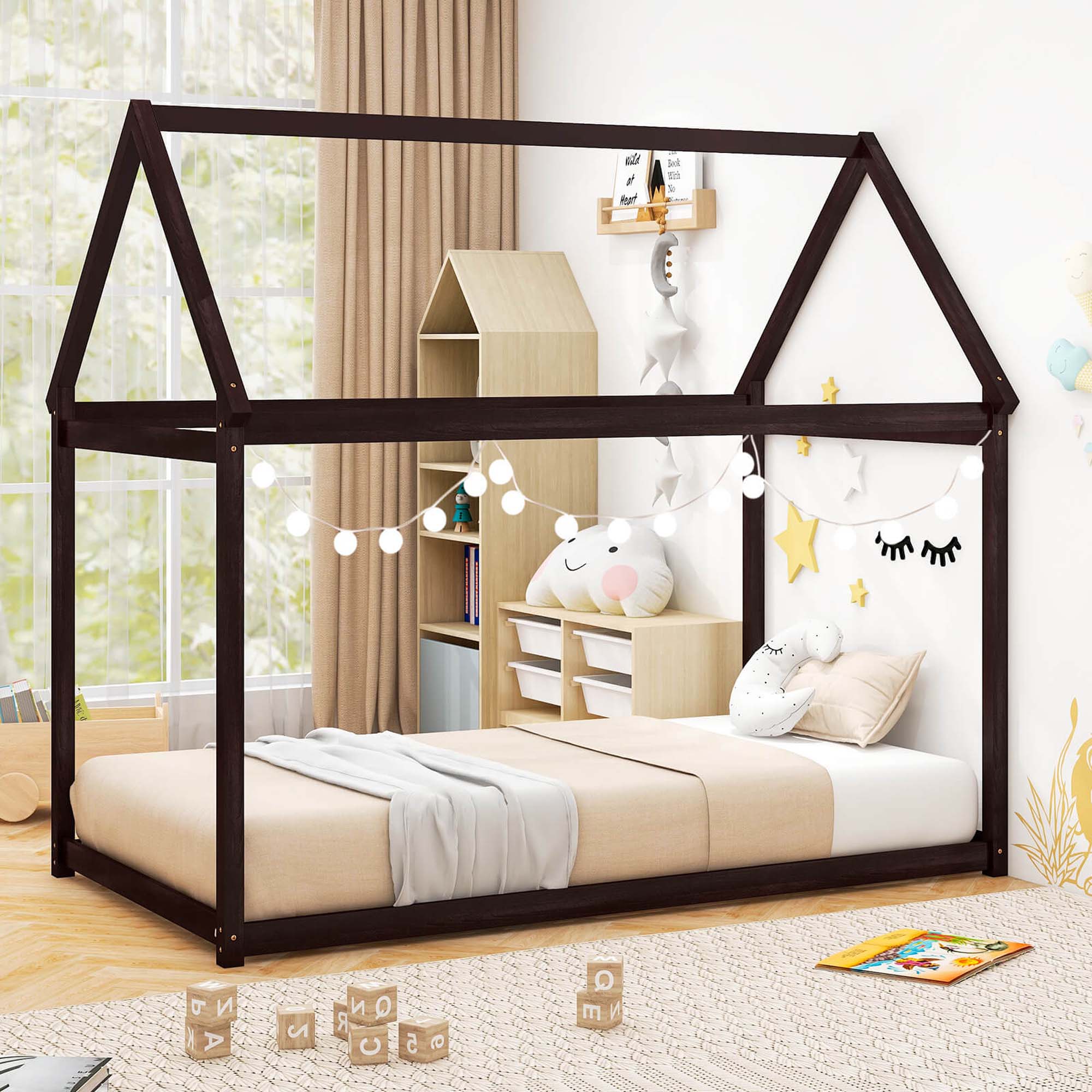Alt View 3. Costway - Costway Twin House Bed Wood Frame with Roof for Kids Toddler No Box Spring - Brown.
