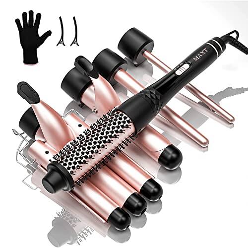 Front. DORLUKFU - Maxt 5-in-1 Interchangeable Curling Iron Wand Set with 3 Barrels & Curling Thermal Brush | Ceramic Coated for.
