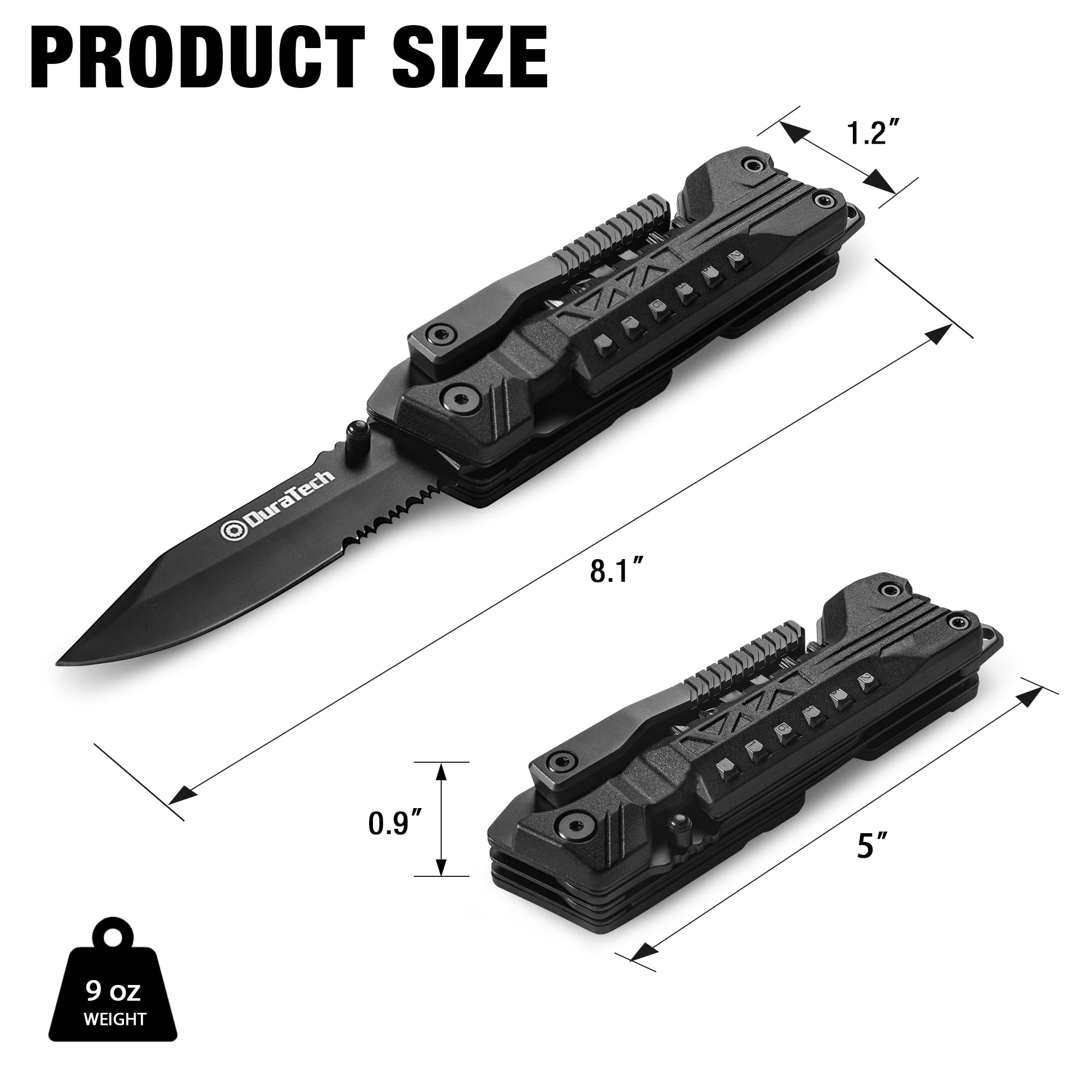 PRODUCT SIZE

- Length: 8.1"
- Blade Height: 1.2"
- Blade Thickness: 0.9"
- Handle Width: 5"

WEIGHT: 9 oz