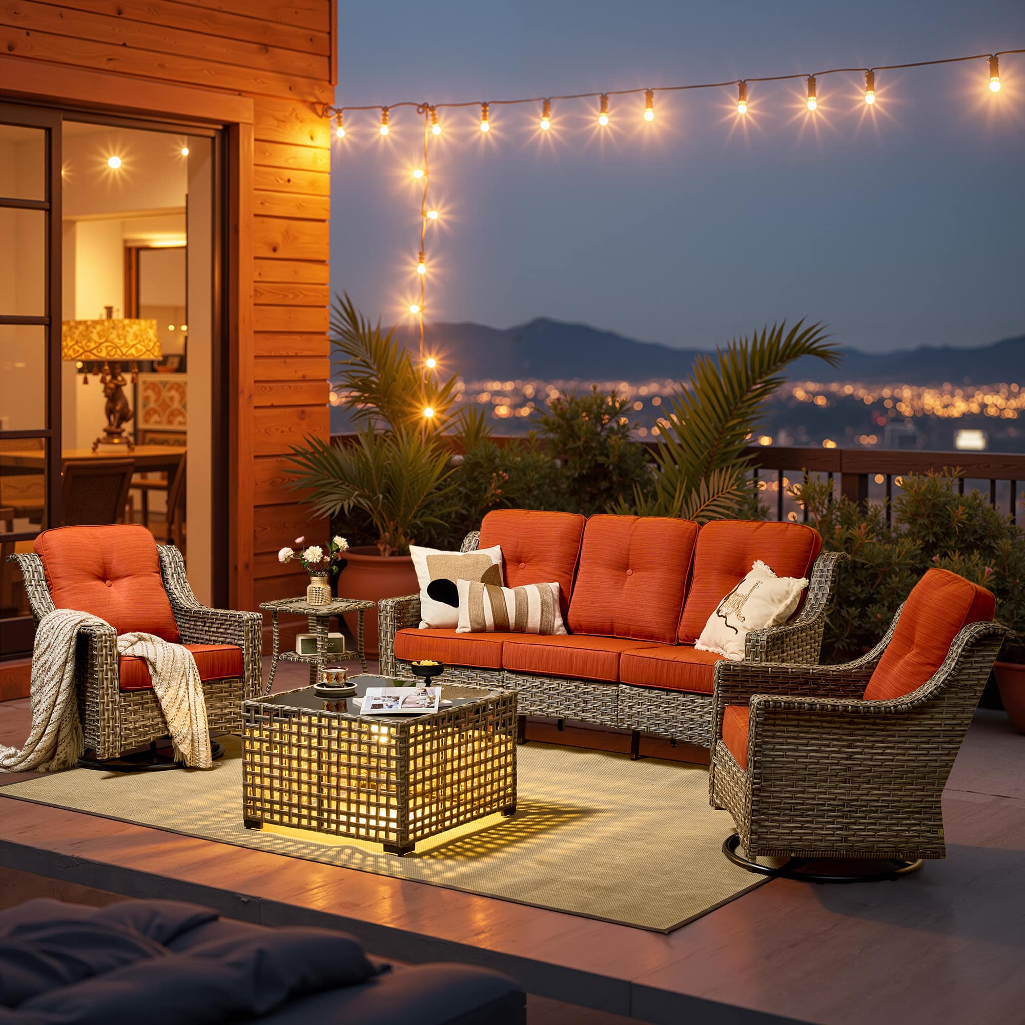 Ovios - 5 PCS Outdoor Patio Furniture Set with High-Back Wicker Sofa, Swivel Rocking Chairs and Coffee Table - Orange Red