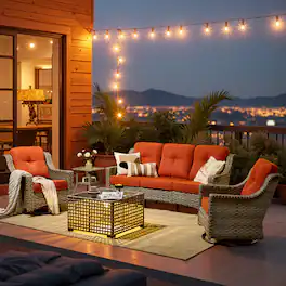 Ovios - 5 PCS Outdoor Patio Furniture Set with High-Back Wicker Sofa, Swivel Rocking Chairs and Coffee Table - Orange Red