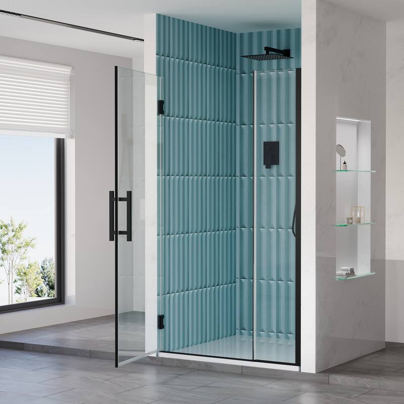 Left. WELLFOR - 40–41 in. W x 72 in. H Frameless Hinged Shower Door with 3/8" Clear Tempered Glass, Reversible Opening - Matte Black.