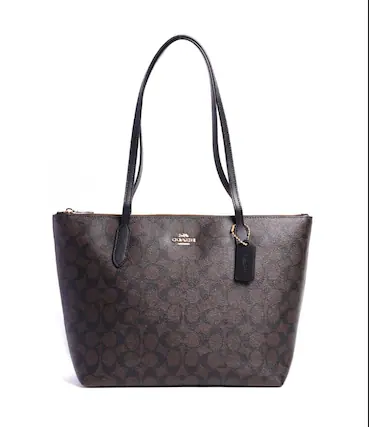 Front. Coach - Signature Tote Bag 15 Inch - Dark Brown/Black.