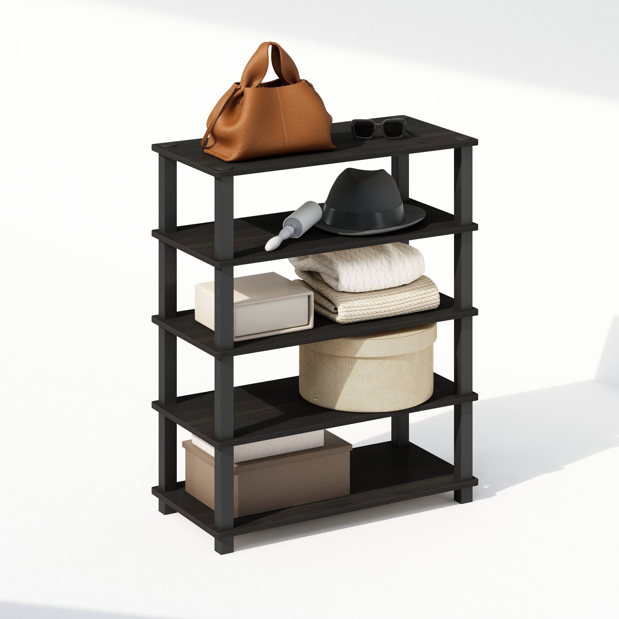 Alt View 3. Furinno - Turn-S-Tube 3-Tier Multipurpose Stackable Standing Shelves, Espresso/Black, Set of 2 - Espresso/Black.