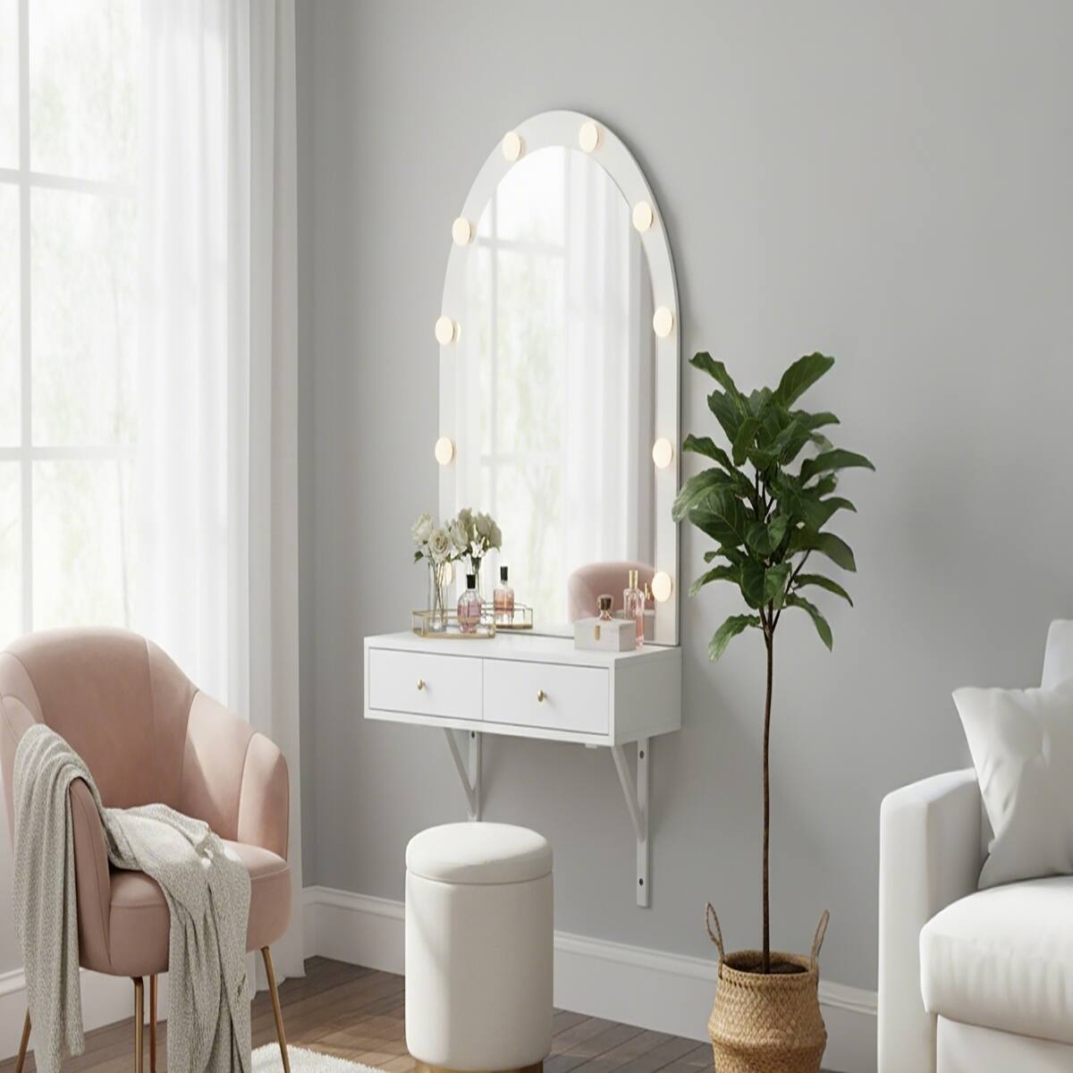Alt View 2. Loheer - Loheer Floating Makeup Vanity Desk with Mirror and Lights, White Wall Mounted Vanity Desk - White.