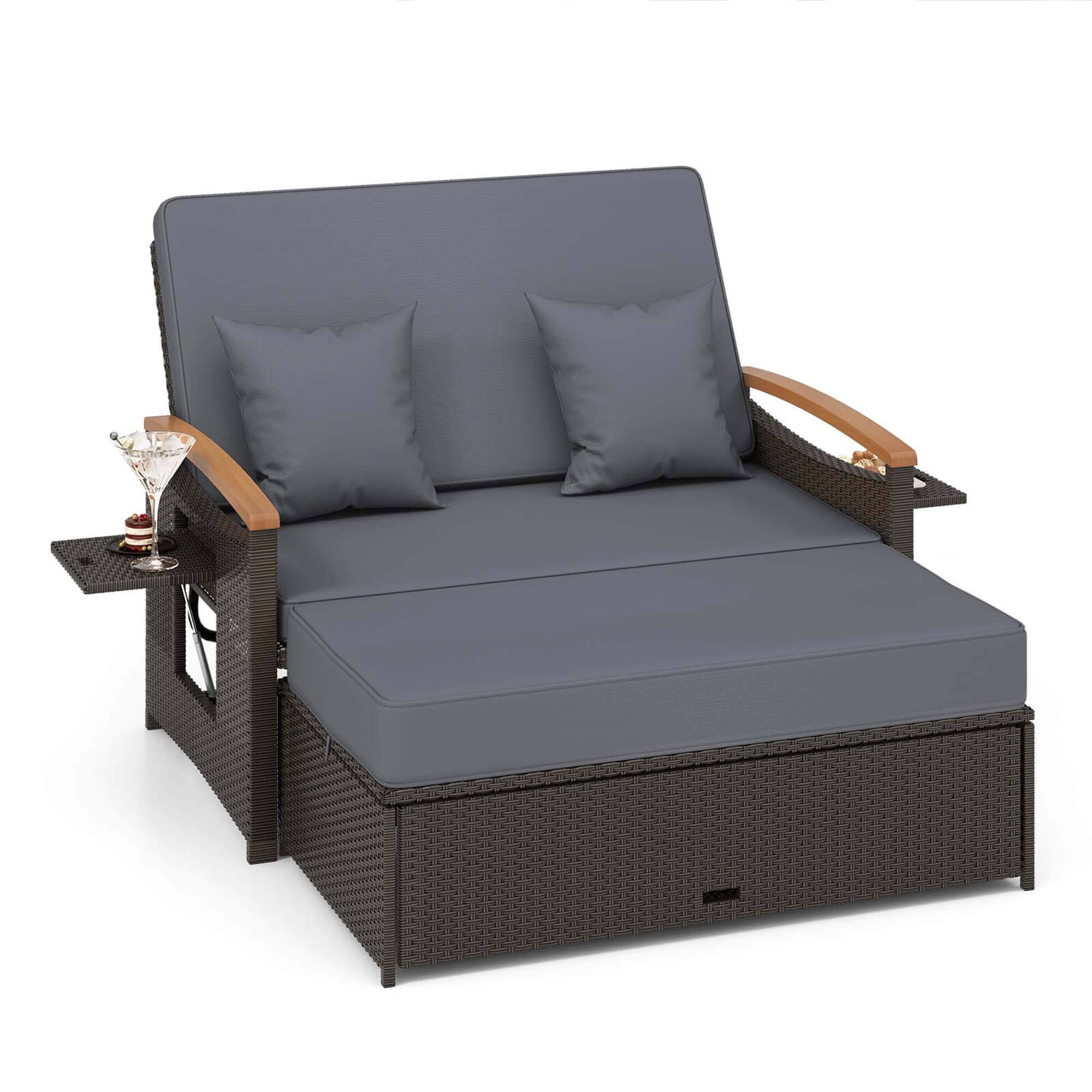 Costway - Patio Rattan Daybed Set with Cushioned Loveseat & Storage Ottoman for Porch - Gray
