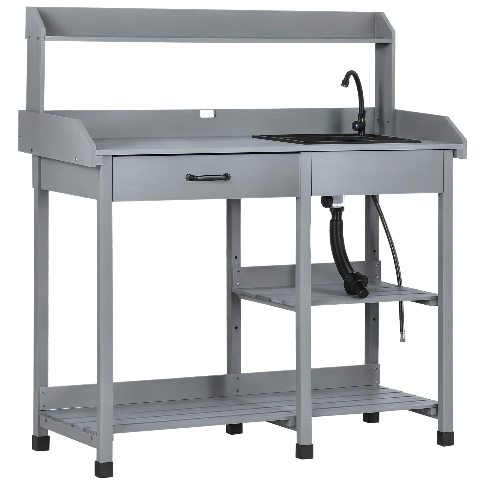 Outsunny - Potting Bench Table, Outdoor Garden Table Wooden Work Station with Removable Sink, Faucet, Drawer, Shelves, Hooks - Gray