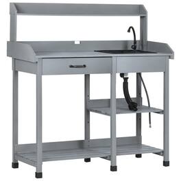 Outsunny - Potting Bench Table, Outdoor Garden Table Wooden Work Station with Removable Sink, Faucet, Drawer, Shelves, Hooks - Gray
