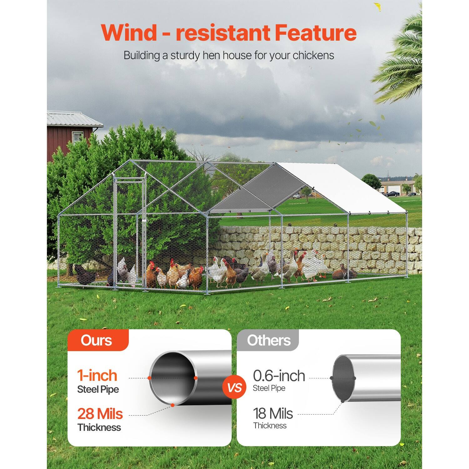 Wind - resistant Feature  
Building a sturdy hen house for your chickens  

Ours  
1-inch Steel Pipe  
28 Mils Thickness  

Others  
0.6-inch Steel Pipe  
18 Mils Thickness