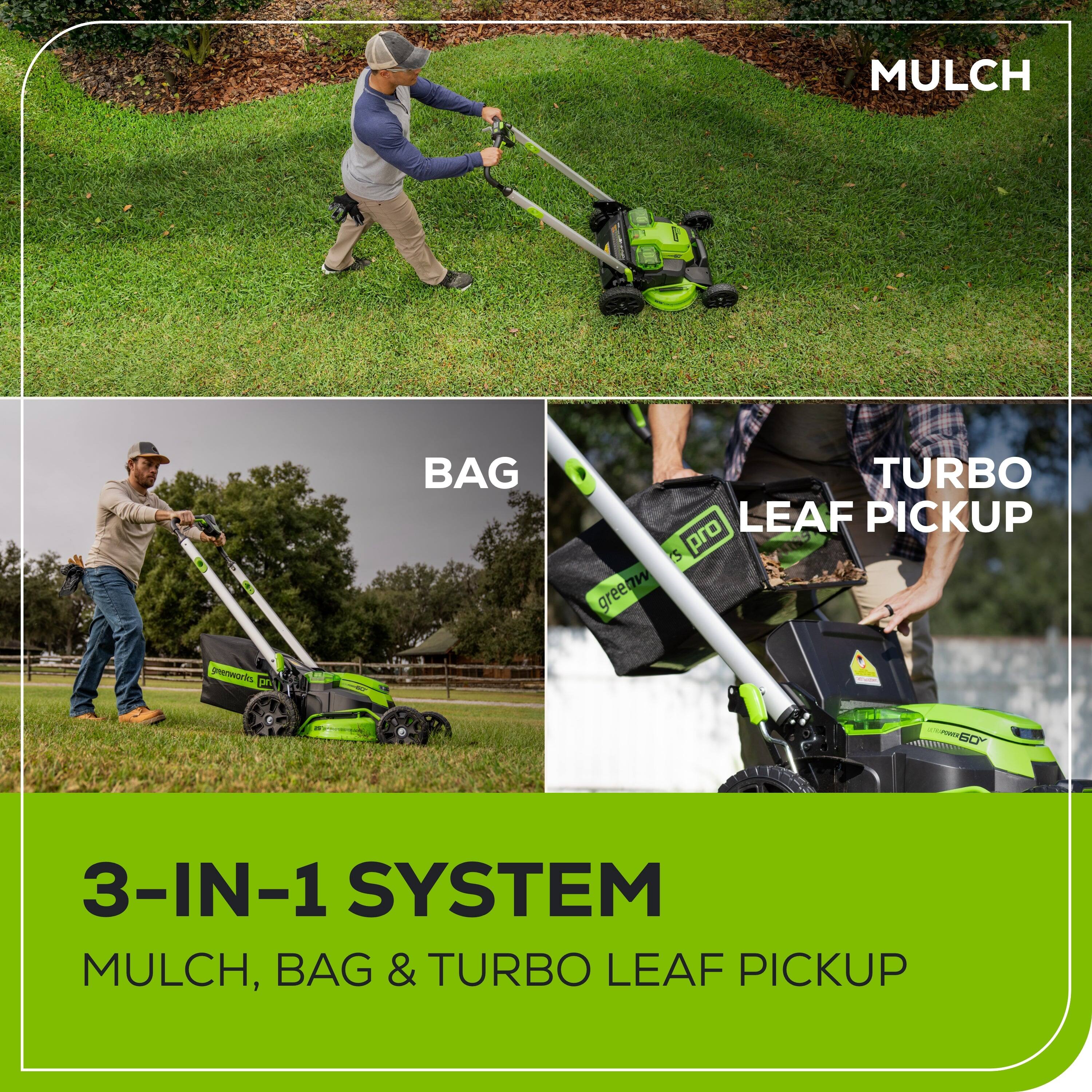MULCH, BAG, TURBO LEAF PICKUP  
3-IN-1 SYSTEM  
MULCH, BAG & TURBO LEAF PICKUP