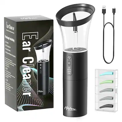 Sure, here is the corrected and grouped text from the image:
---
**Ear Cleaner**
**Package Including:**
1. 1 x Ear Cleaner
2. 1 x Charging Cable
3. 1 x Introduction Manual
4. 4 x Replacement Nozzles & Storage Box
**Cleaning Modes:**
- Soft
- Normal
- Strong
- Pulse
**Charging Time:** 2-3 hours
**Working Time:** 2-3 hours
**Product Features:**
- 360° Rotation
- 360° Adjustable
- 360° Rotation
- 360° Adjustable
- 360° Rotation
- 360° Adjustable
- 360° Rotation
- 360° Adjustable
**Warranty:** 12 months
**Model:** MTF-EC01
**Made in China**
**Morforce**
---