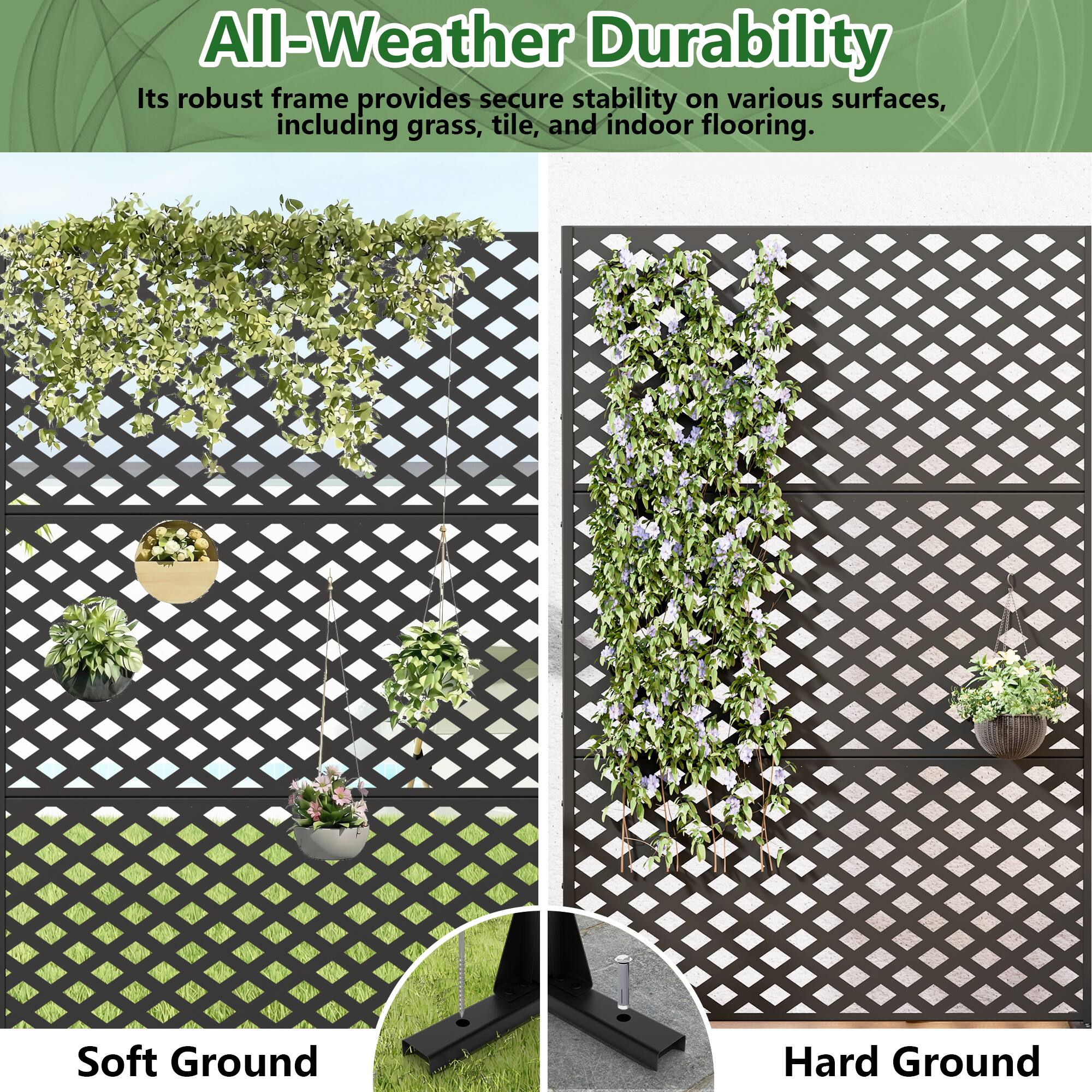 All-Weather Durability  
Its robust frame provides secure stability on various surfaces, including grass, tile, and indoor flooring.  

Soft Ground  
Hard Ground