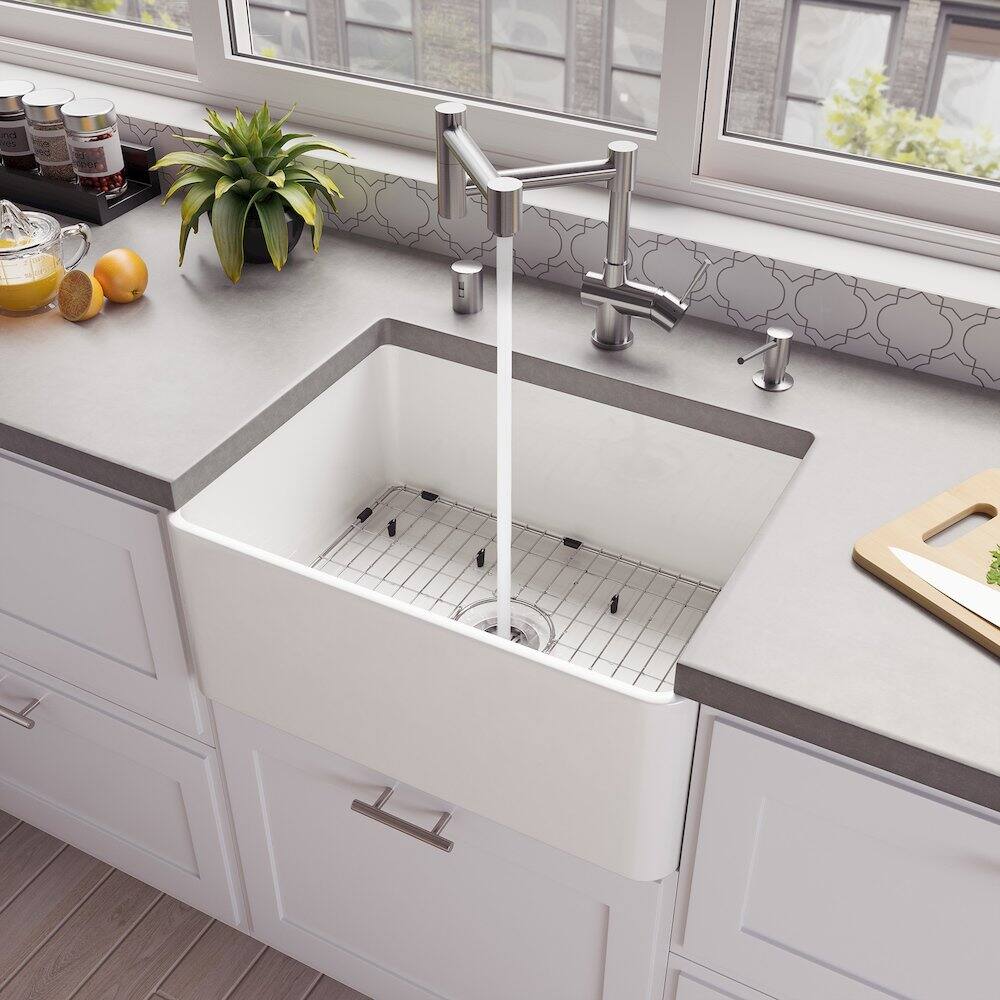 Angle. Alfi - ABF2418 24" White Thin Wall Single Bowl Smooth Apron Fireclay Kitchen Farm Sink - White.