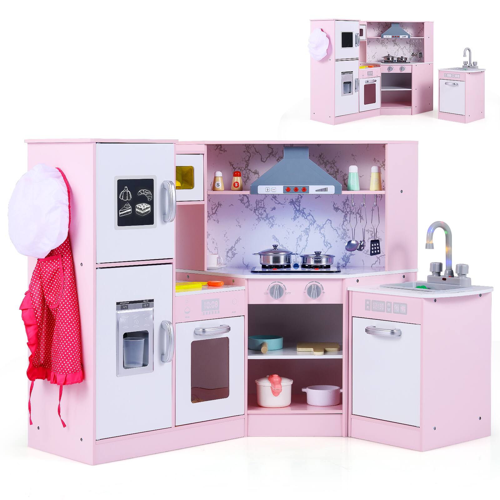 Gymax - Kids Corner Kitchen Playset Wooden Pretend Play Toy w/ Microwave & Ice Maker - Pink price history on PriceWatchPro