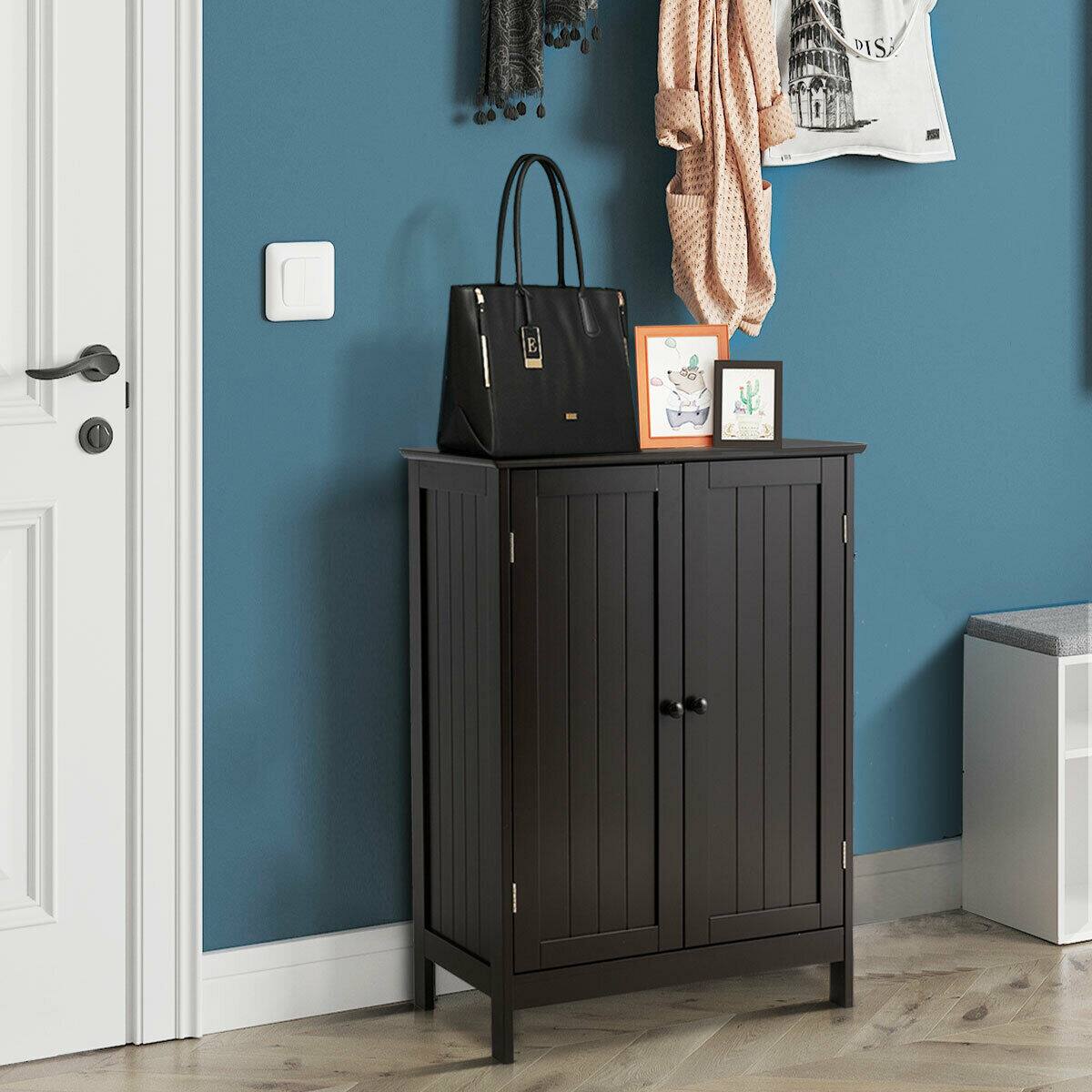 Alt View 3. Gymax - Gymax Bathroom Floor Storage Cabinet Double Door Kitchen Cupboard Shoe Cabinet Brown - Brown.